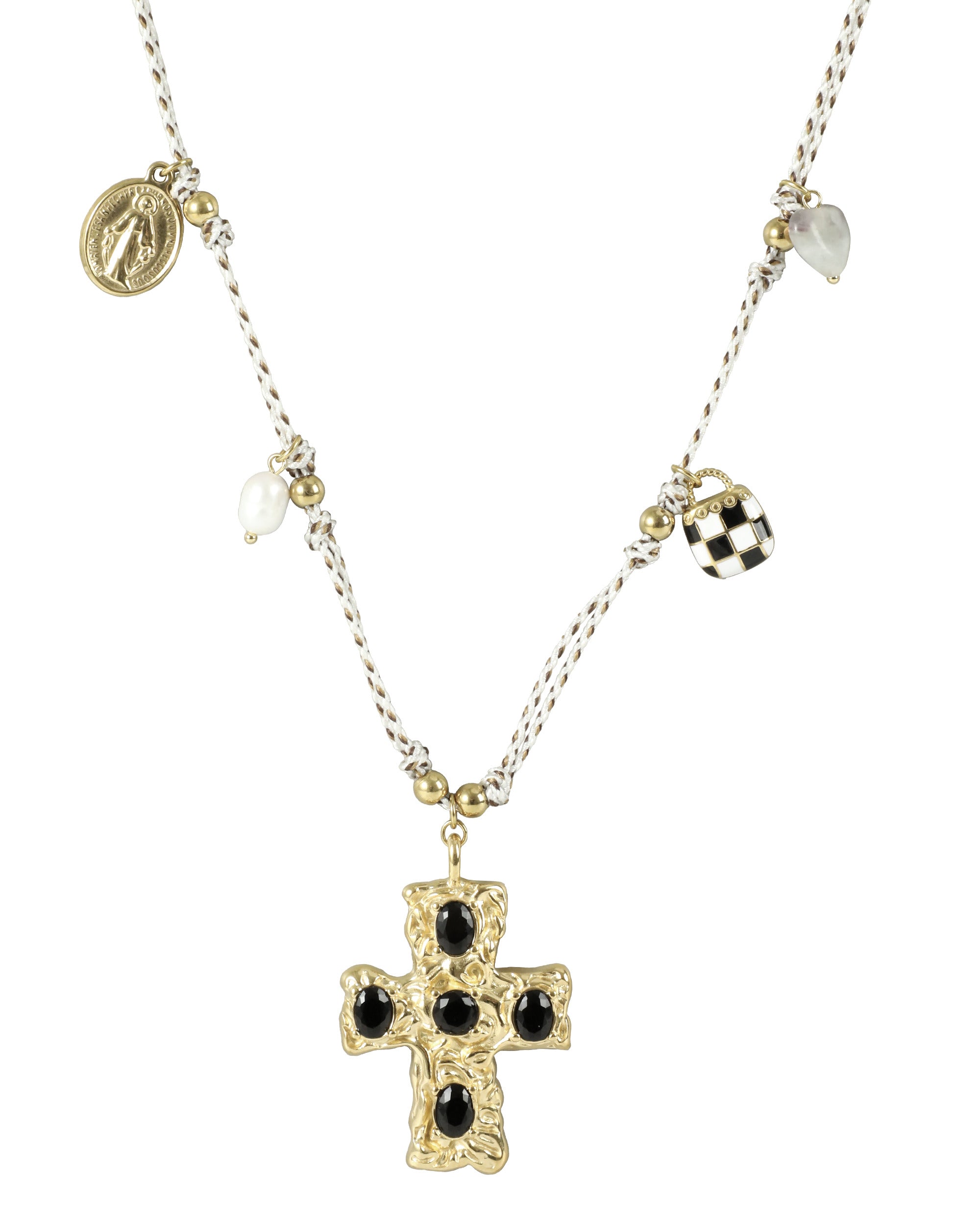 GOLD-PLATED STEEL NECKLACE WITH CROSS PENDANT ADORNED WITH CHARMS 