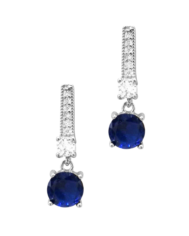 Boucles d'oreilles pendantes en argent rhodié avec solitaire bleu saphir