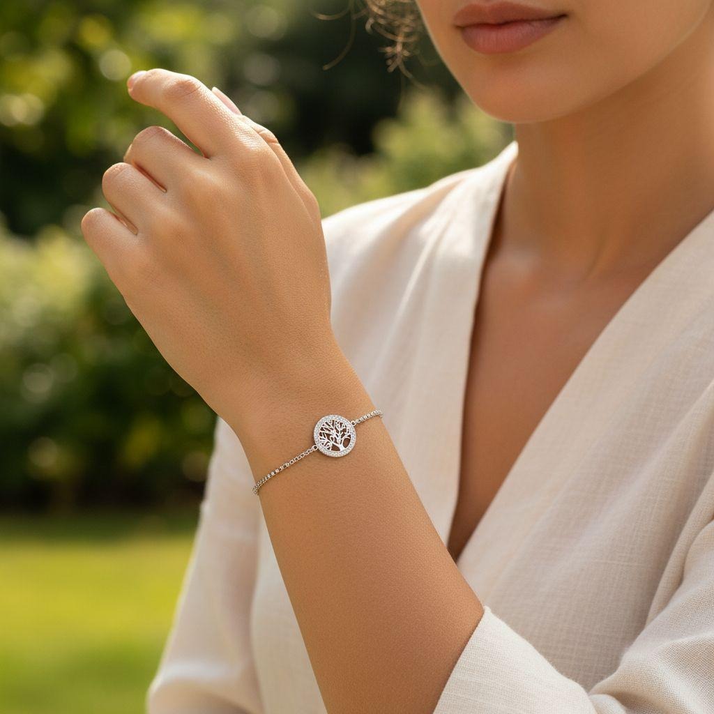 BRACELET EN ACIER MOTIF ARBRE DE VIE CERCLE DE STRASS