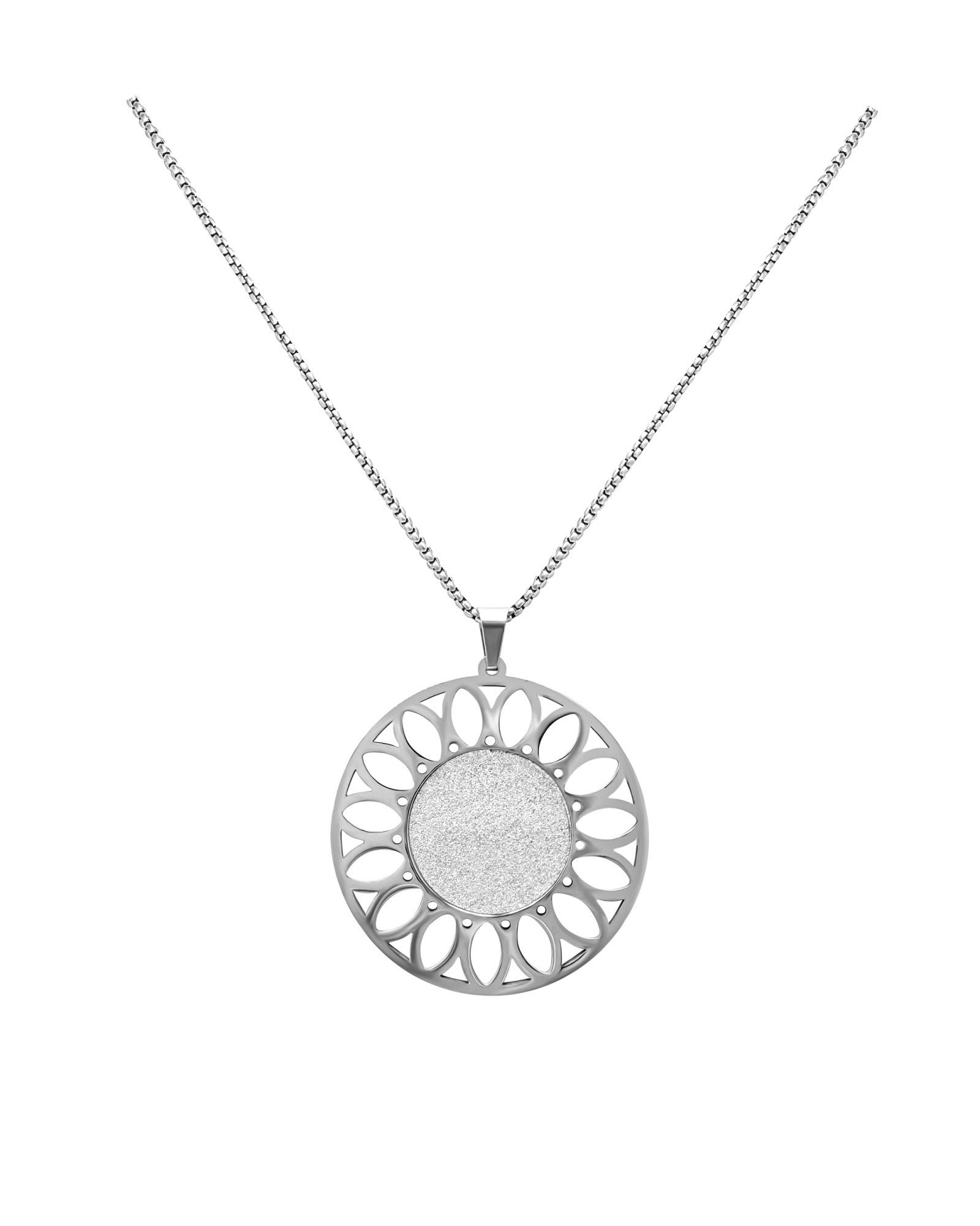 SAUTOIR EN ACIER AVEC PENDENTIF SOLEIL ET PAILLETTES