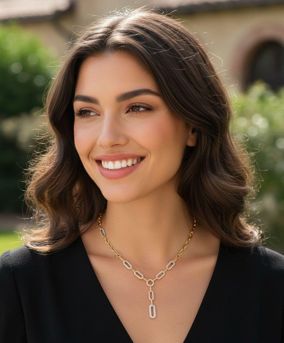 COLLIER EN ACIER DORE MAILLES OVALES AVEC STRASS