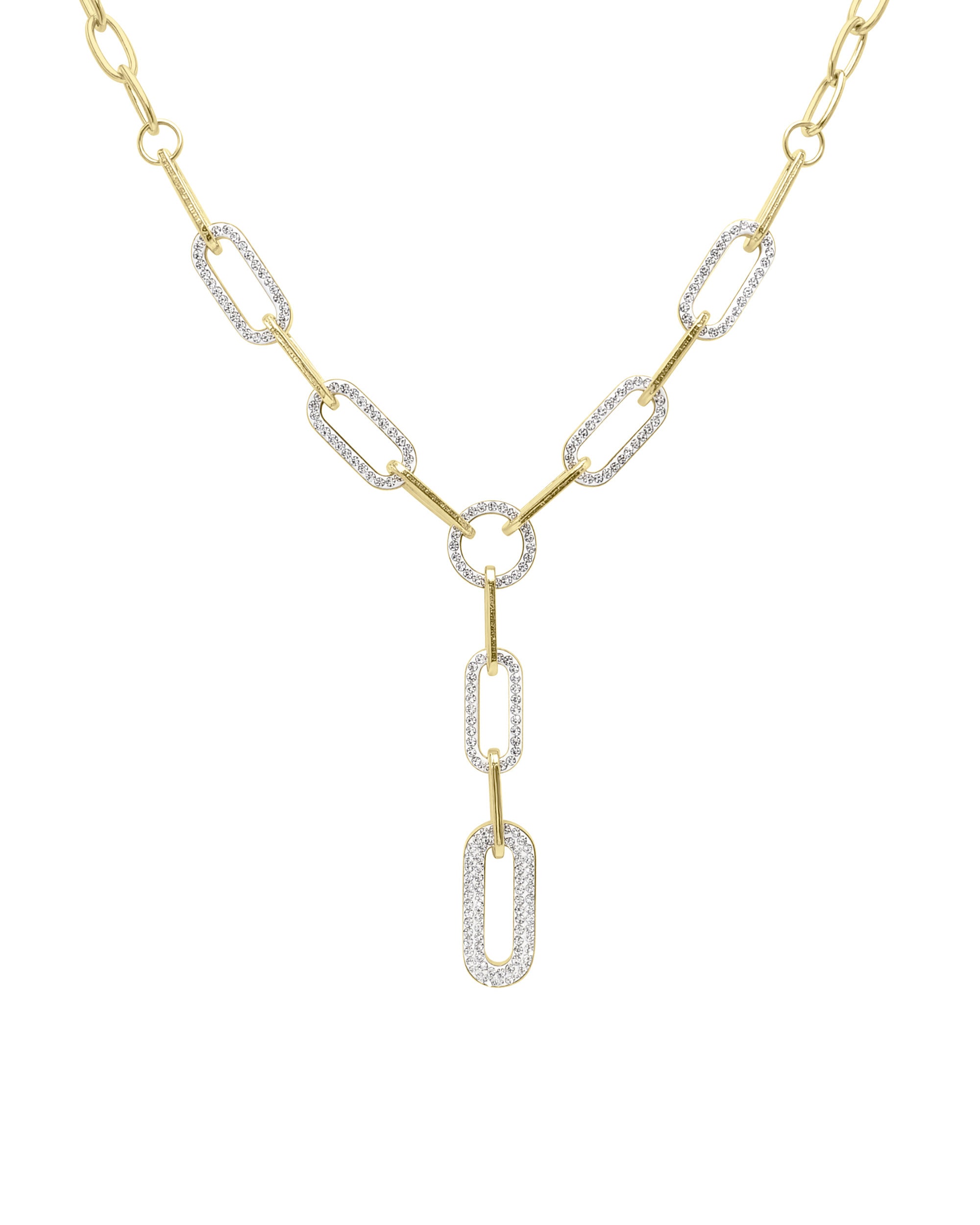 COLLIER EN ACIER DORE MAILLES OVALES AVEC STRASS