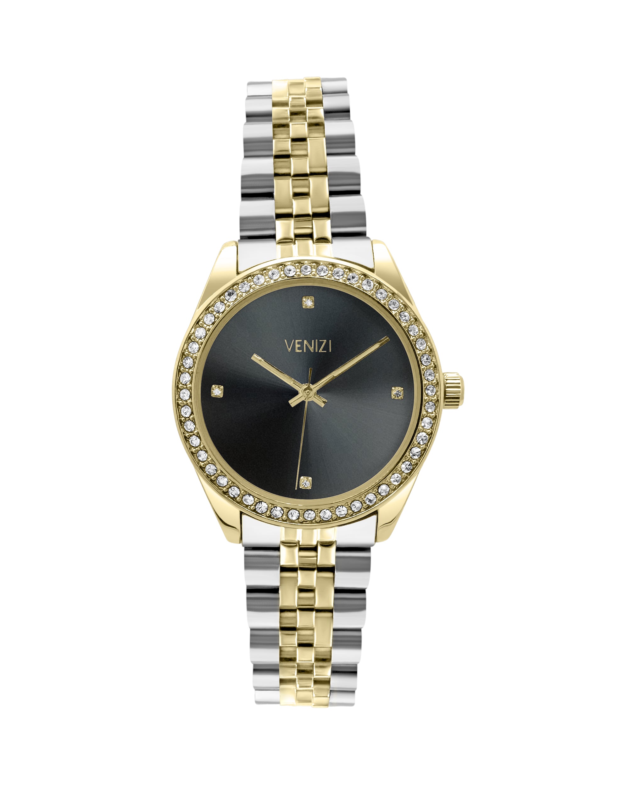 VENIZI TWEEKLEURIG HORLOGE MET ZWARTE WIJZERPLAAT EN STRASS-STEENTJES