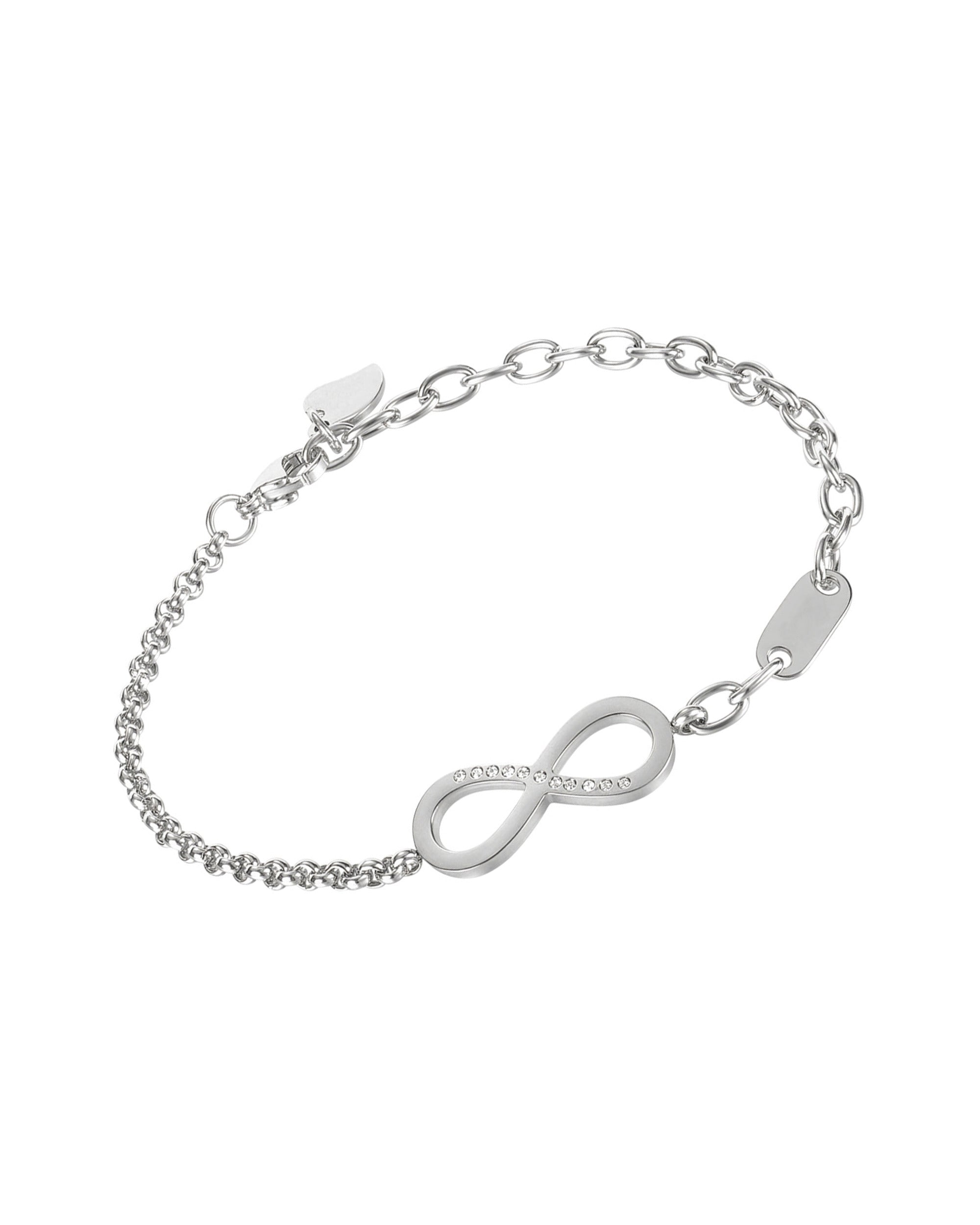 BRACELET EN ACIER INFINI AVEC STRASS ET PLAQUETTE