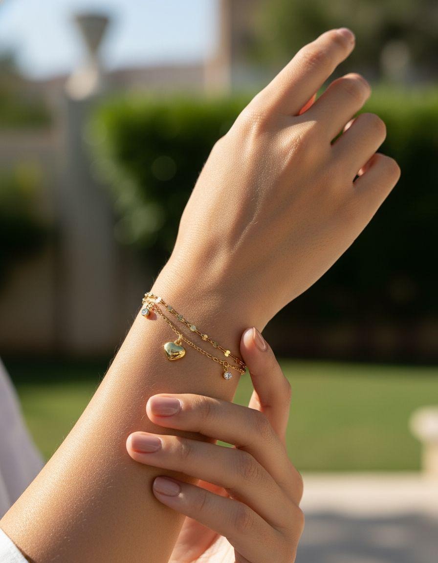 BRACELET EN ACIER DOUBLE MAILLE AVEC COEUR ET SOLITAIRE PENDANTS