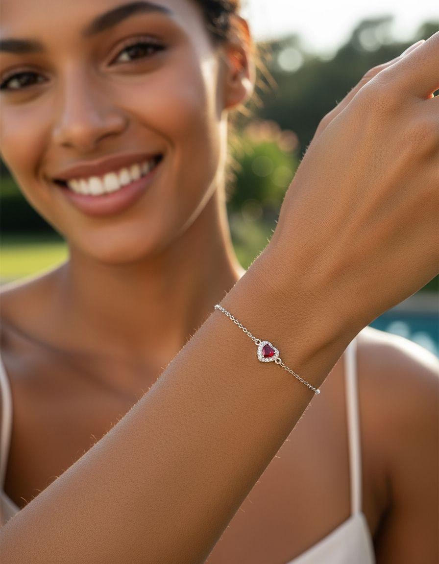 BRACELET EN ARGENT COEUR ROUGE AVEC PIERRES