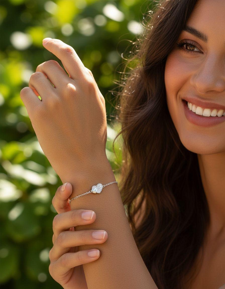 BRACELET EN ARGENT DOUBLE COEUR ET PIERRES