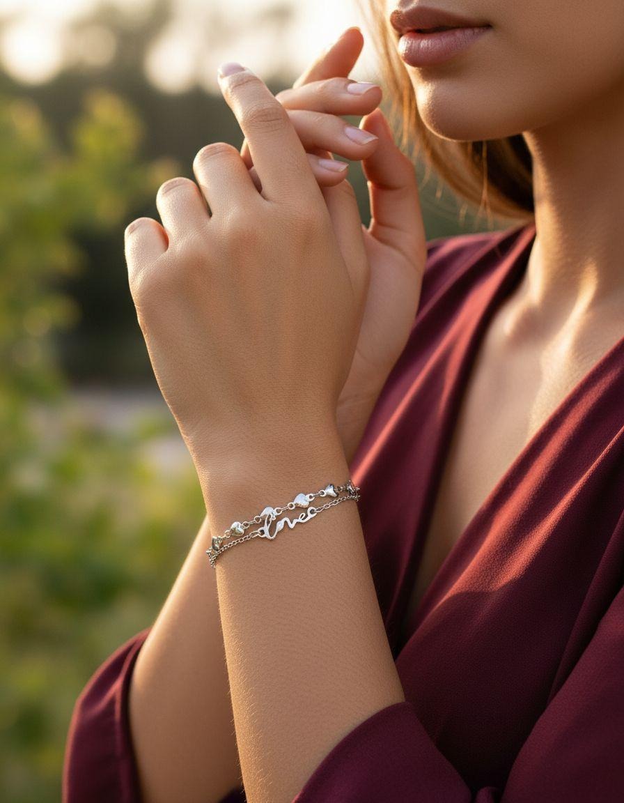 BRACELET EN ACIER DOUBLE MAILLE AVEC COEUR ET LOVE