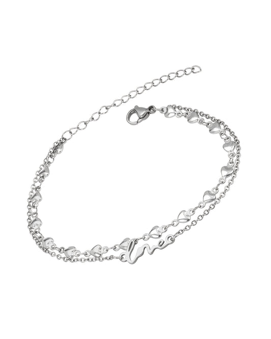 Bracelet en acier double maille avec coeur et love