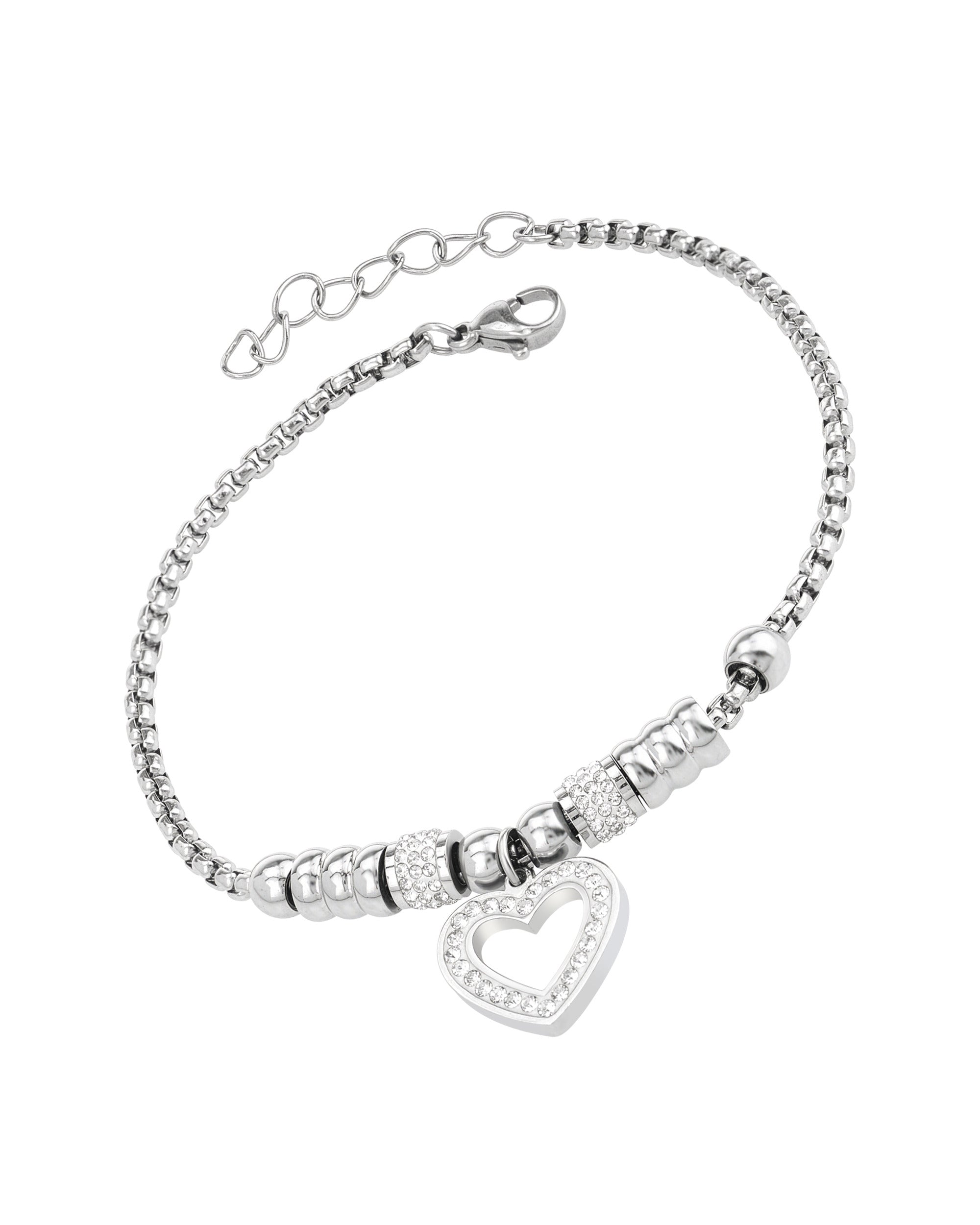 BRACELET EN ACIER AVEC BOULES ET CYLINDRES ET COEUR AVEC STRASS