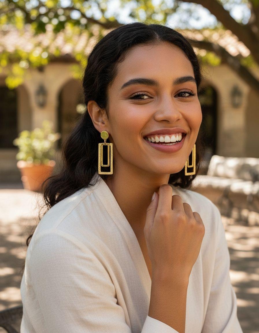 BOUCLES D'OREILLES EN ACIER DORE ROND ET RECTANGLES AVEC PAILLETTES