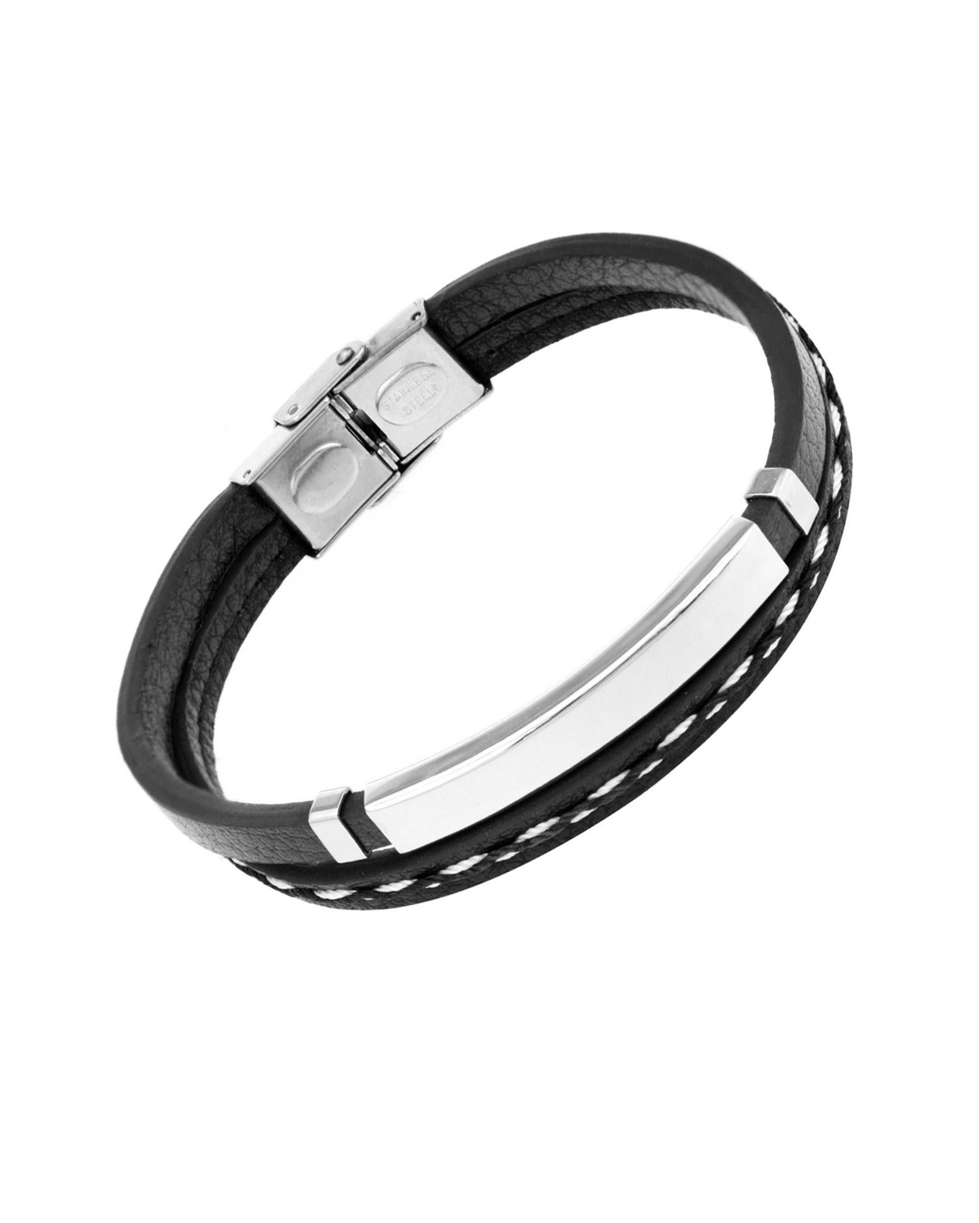 BRACELET EN CUIR NOIR AVEC COUTURE ET PLAQUETTE