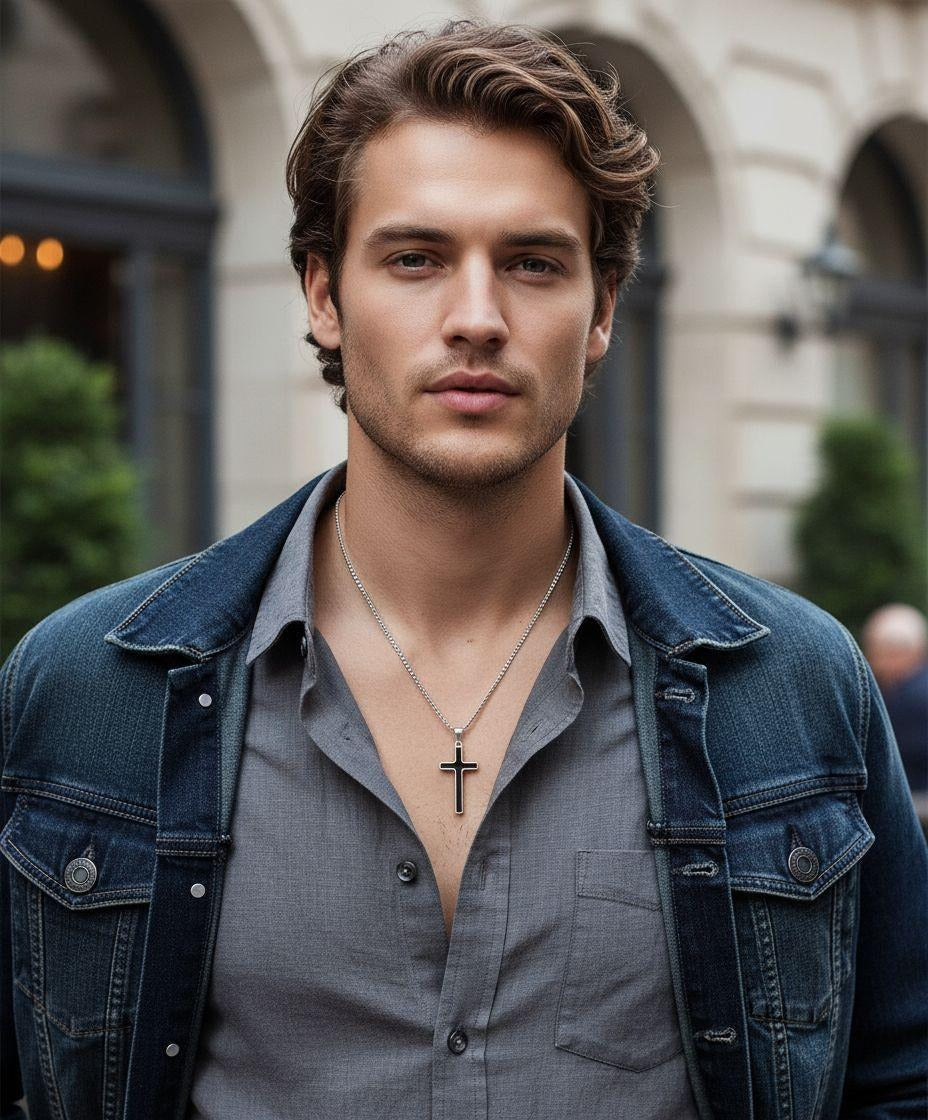 COLLIER EN ACIER PENDENTIF CROIX NOIRE