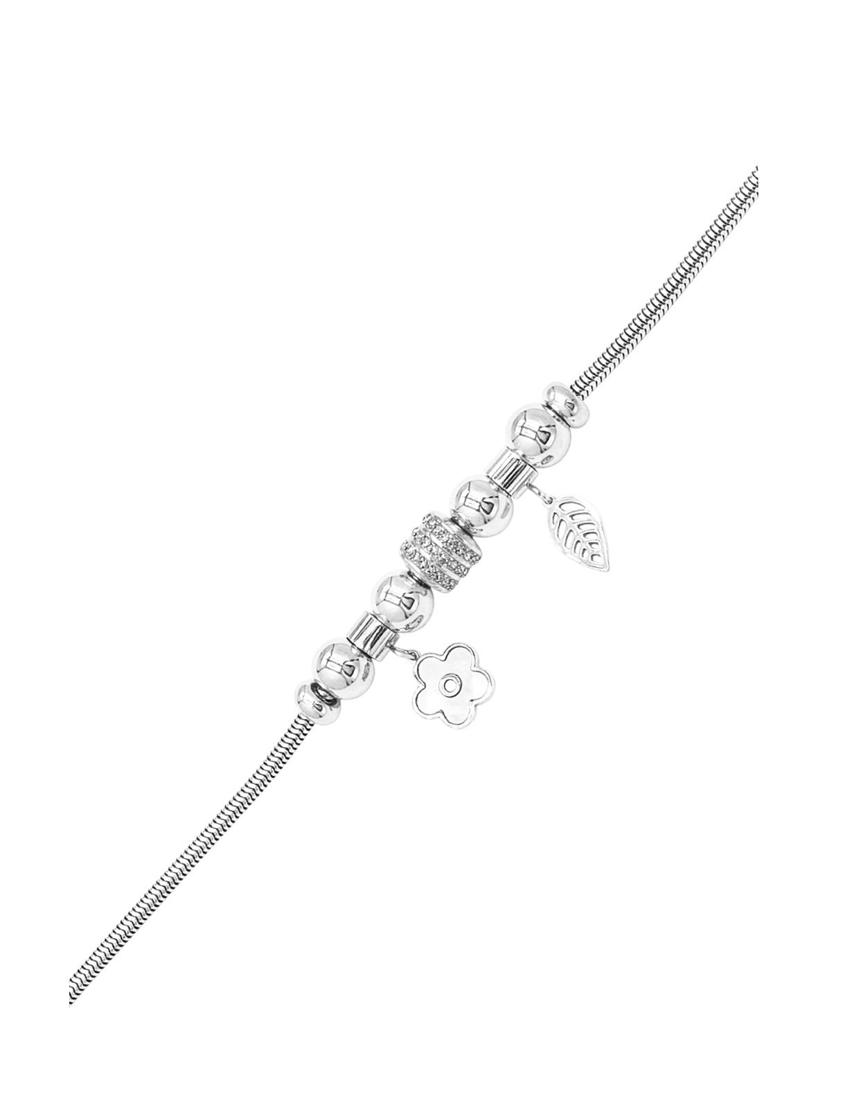 BRACELET EN ACIER AVEC FLEUR ET FEUILLE