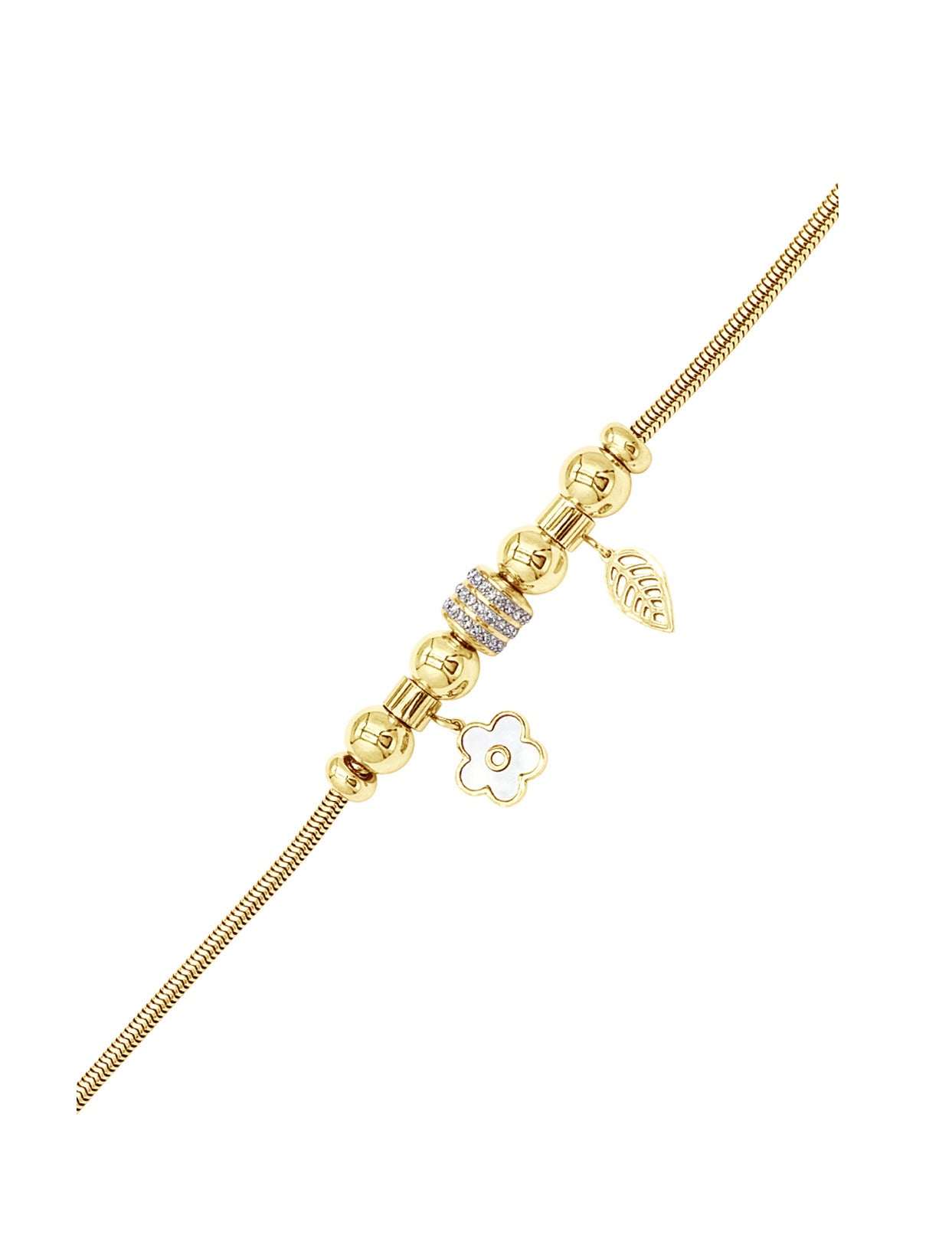 BRACELET EN ACIER DORE AVEC FLEUR ET FEUILLE