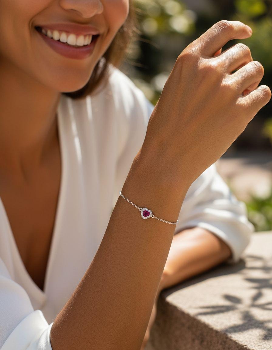 BRACELET EN ARGENT COEUR ROSE AVEC PIERRES