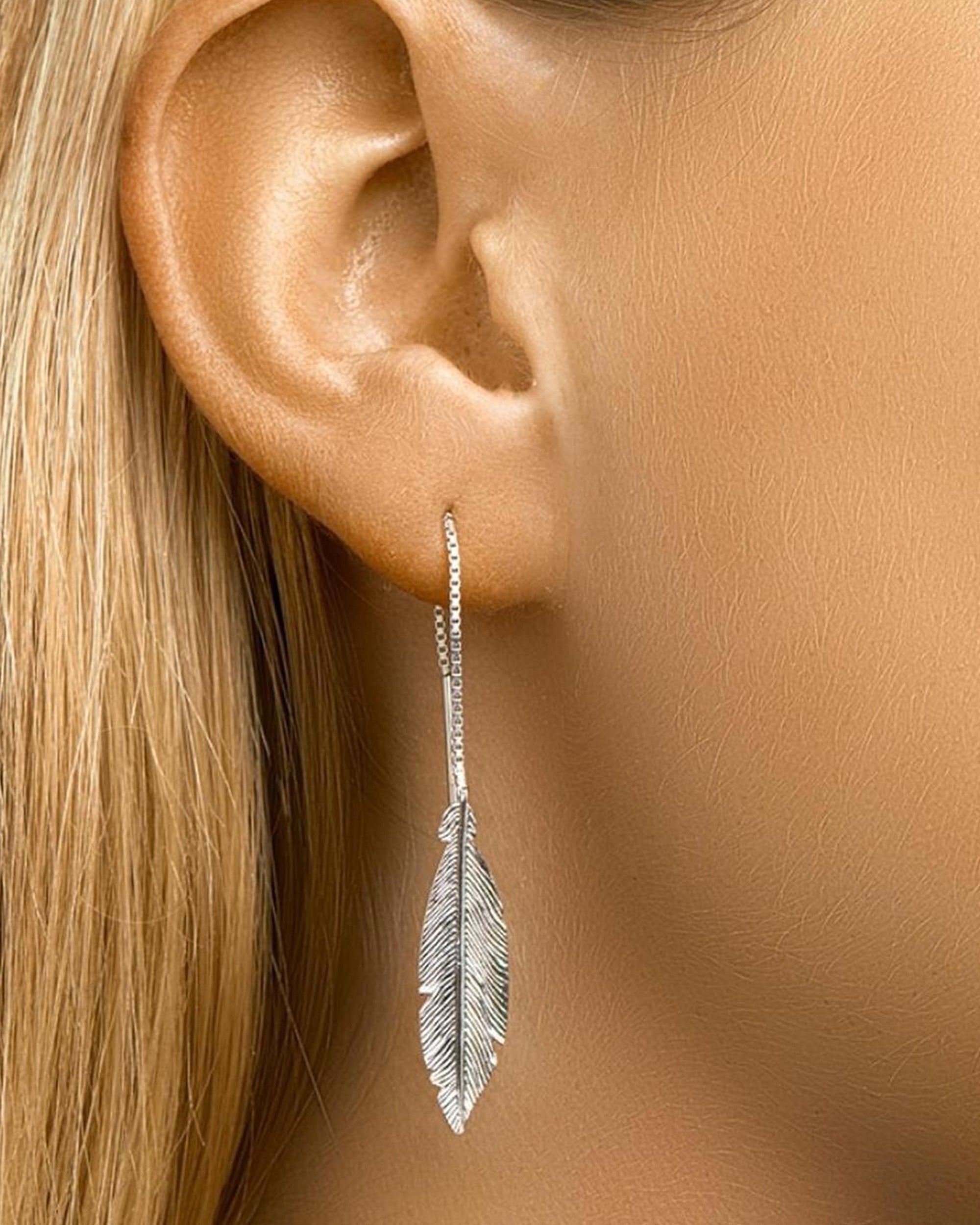 Boucles d'oreilles en argent plume pendantes à enfiler