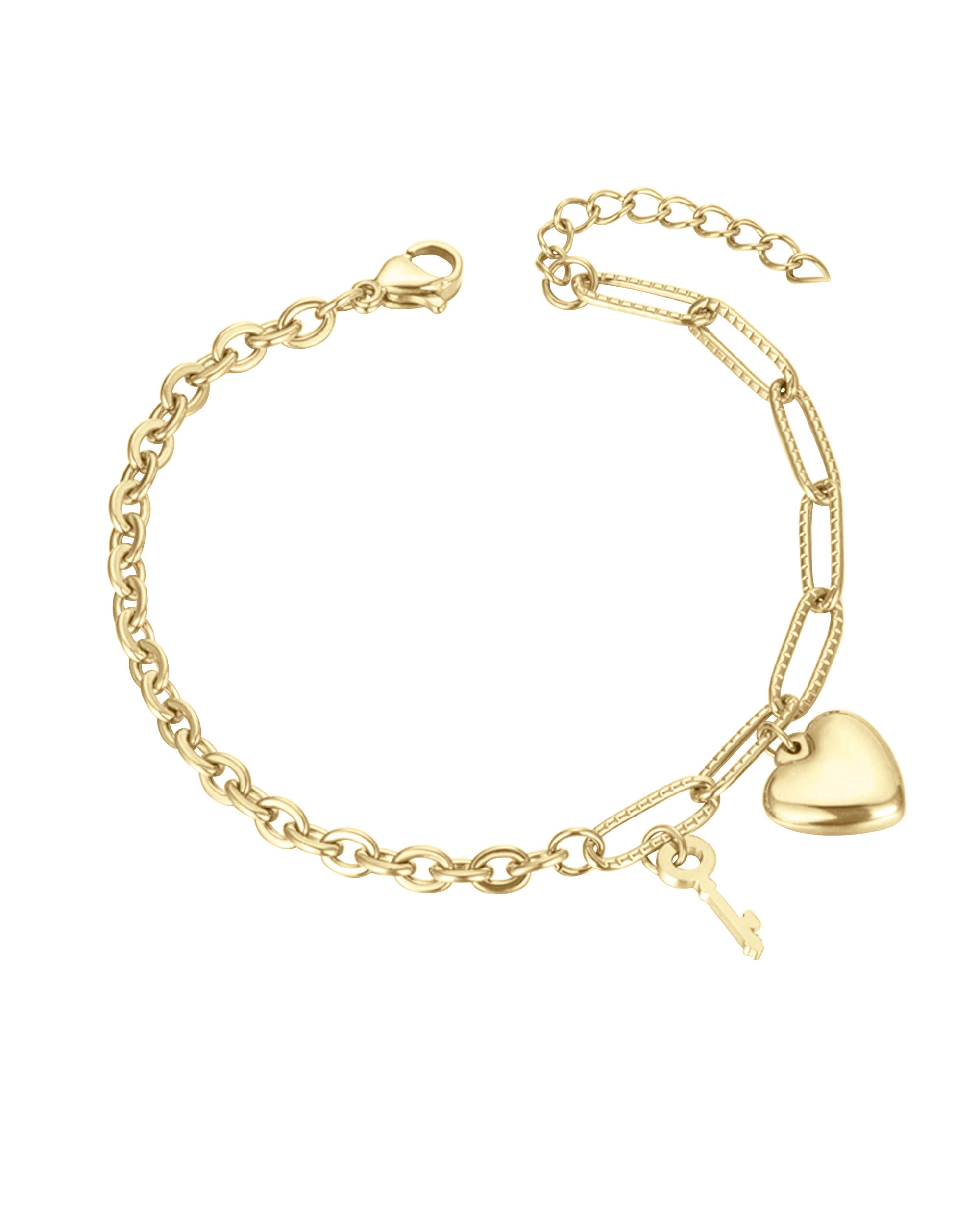 BRACELET EN ACIER DORE COEUR ET CLE PENDANTS