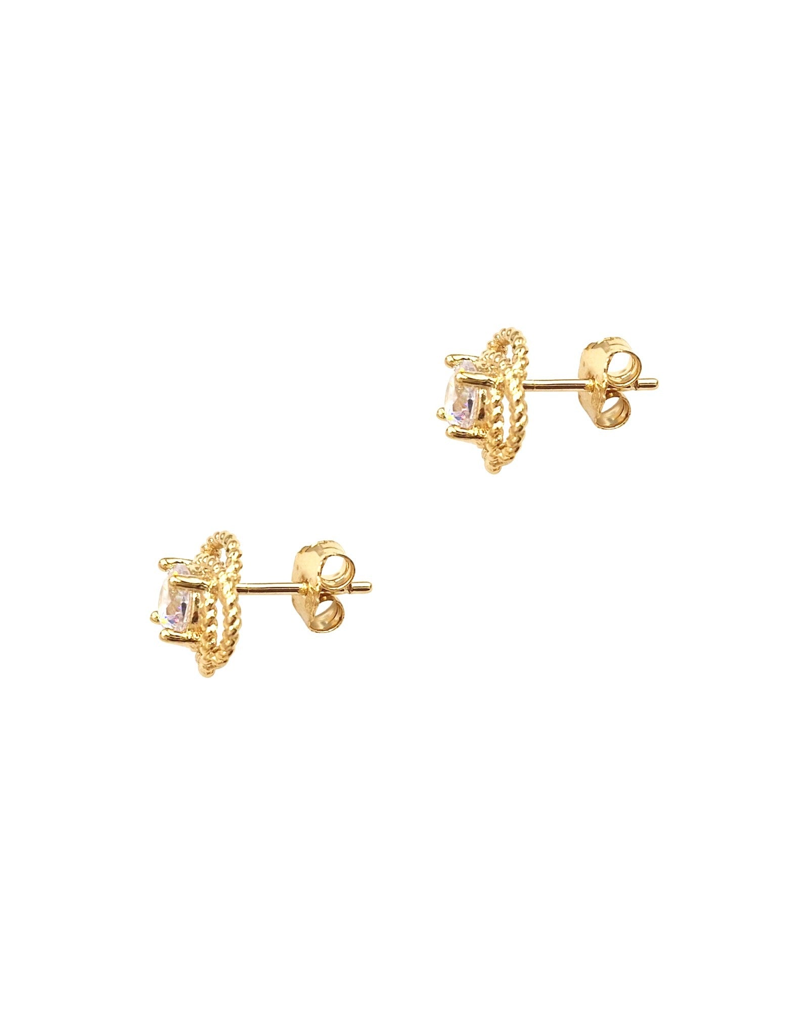BOUCLES D'OREILLES EN PLAQUE OR FLEUR ET SOLITAIRE