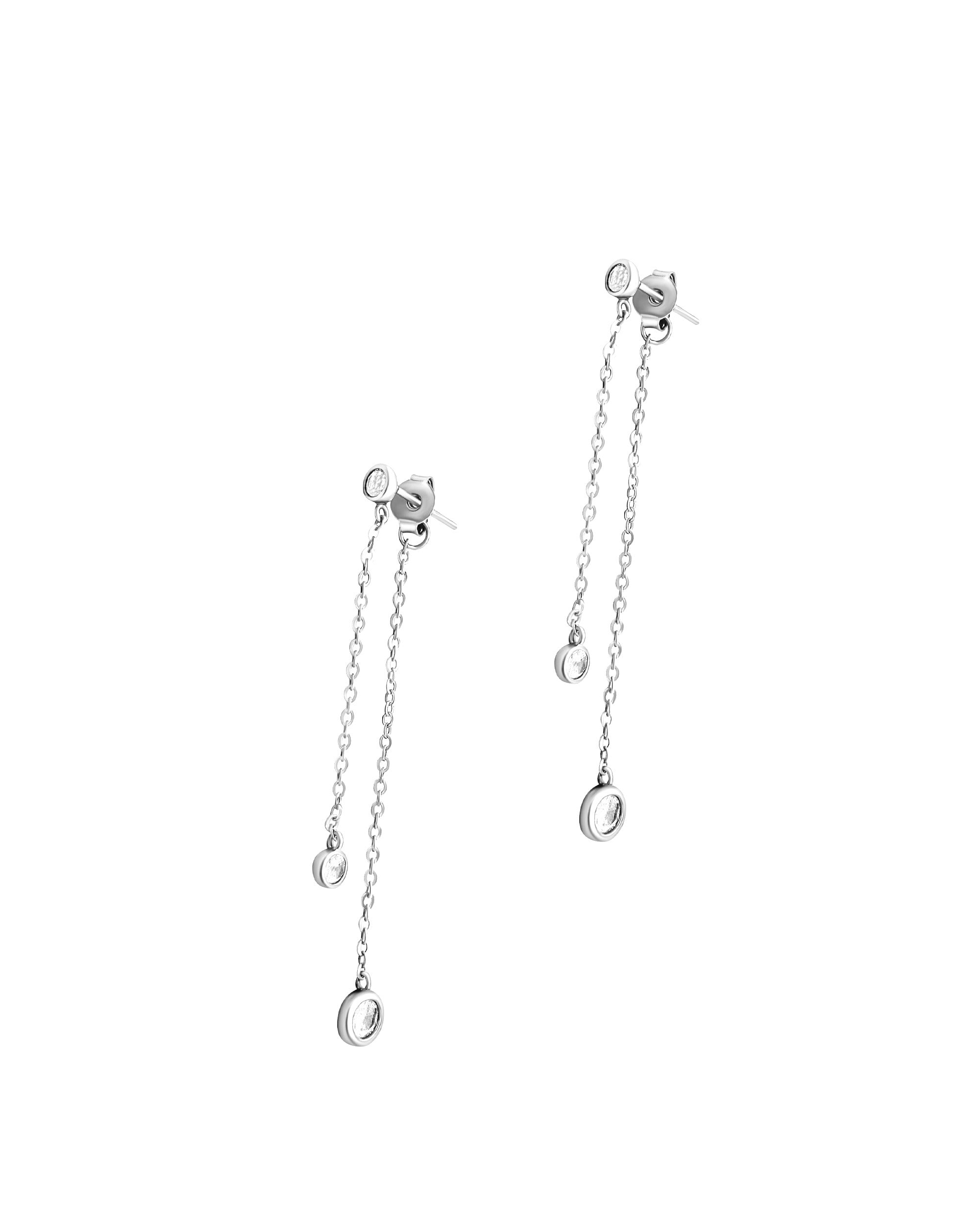 BOUCLES D'OREILLES EN ARGENT 2 CHAINES PENDANTES AVEC SOLITAIRE
