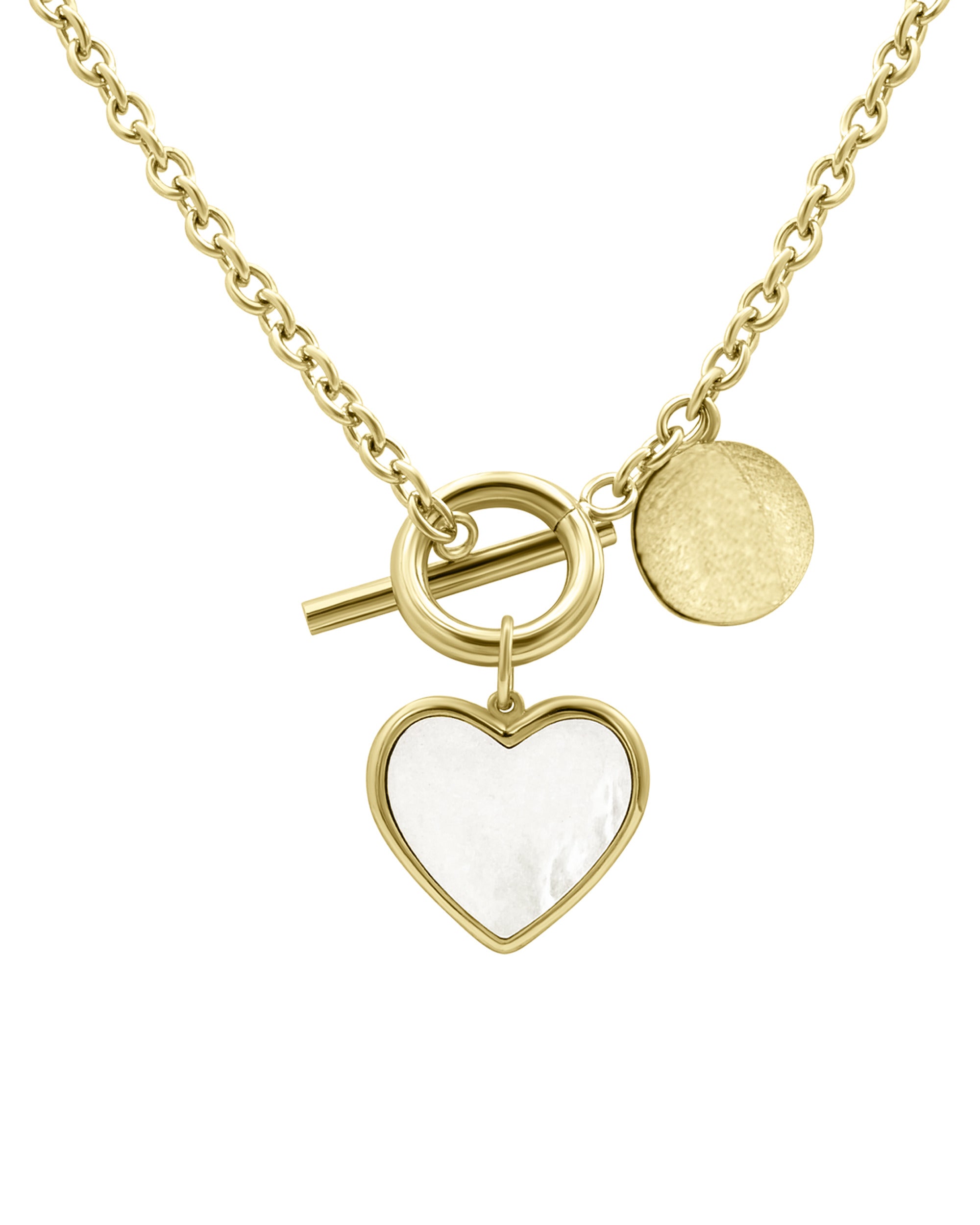 COLLIER EN ACIER DORE COEUR NACRE ET FERMOIR BARRE