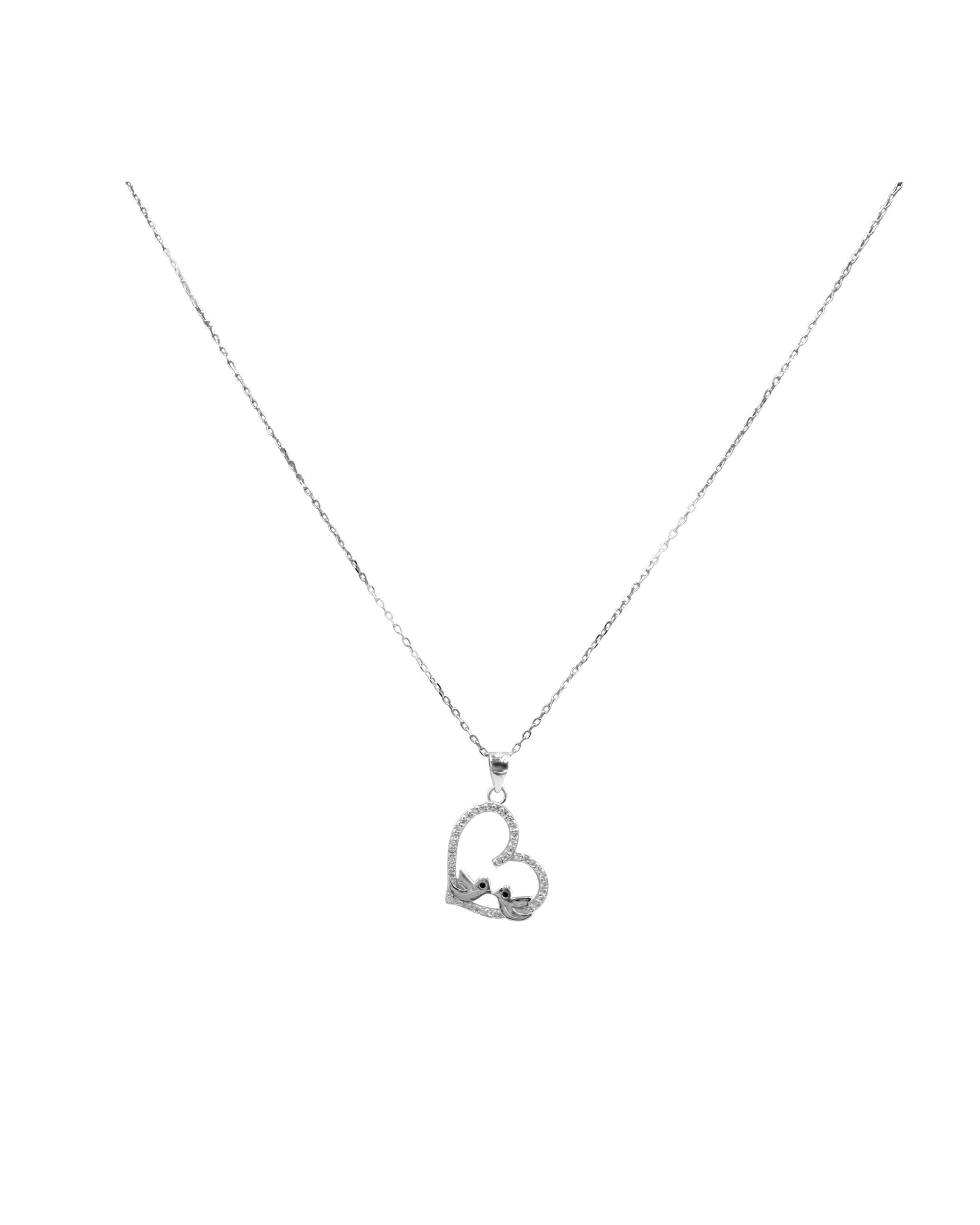 COLLIER EN ARGENT PENDENTIF COEUR SERTI DE PIERRES ET 2 OISEAUX