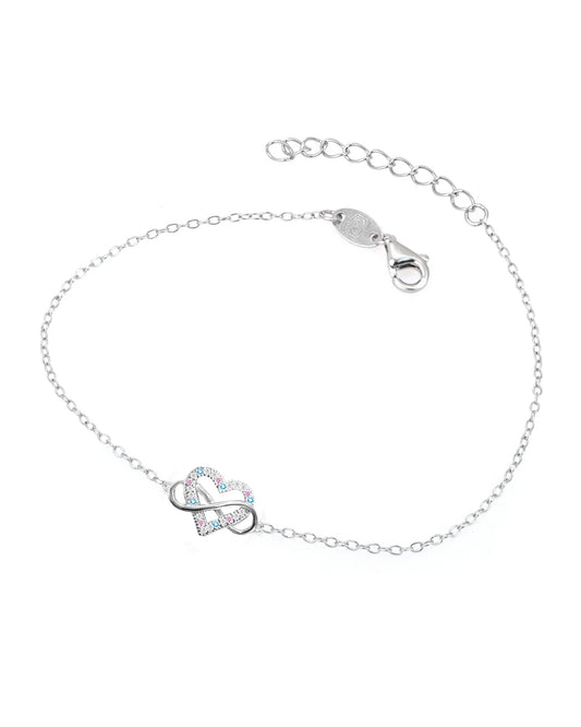 Silver infinity and heart bracelet with multicolored stones
