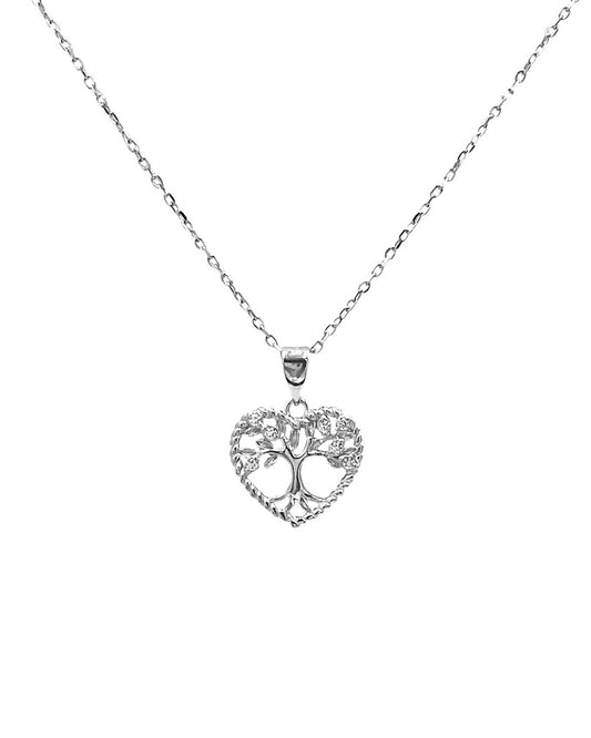 Zilveren ketting met hart hanger, levensboom en stenen