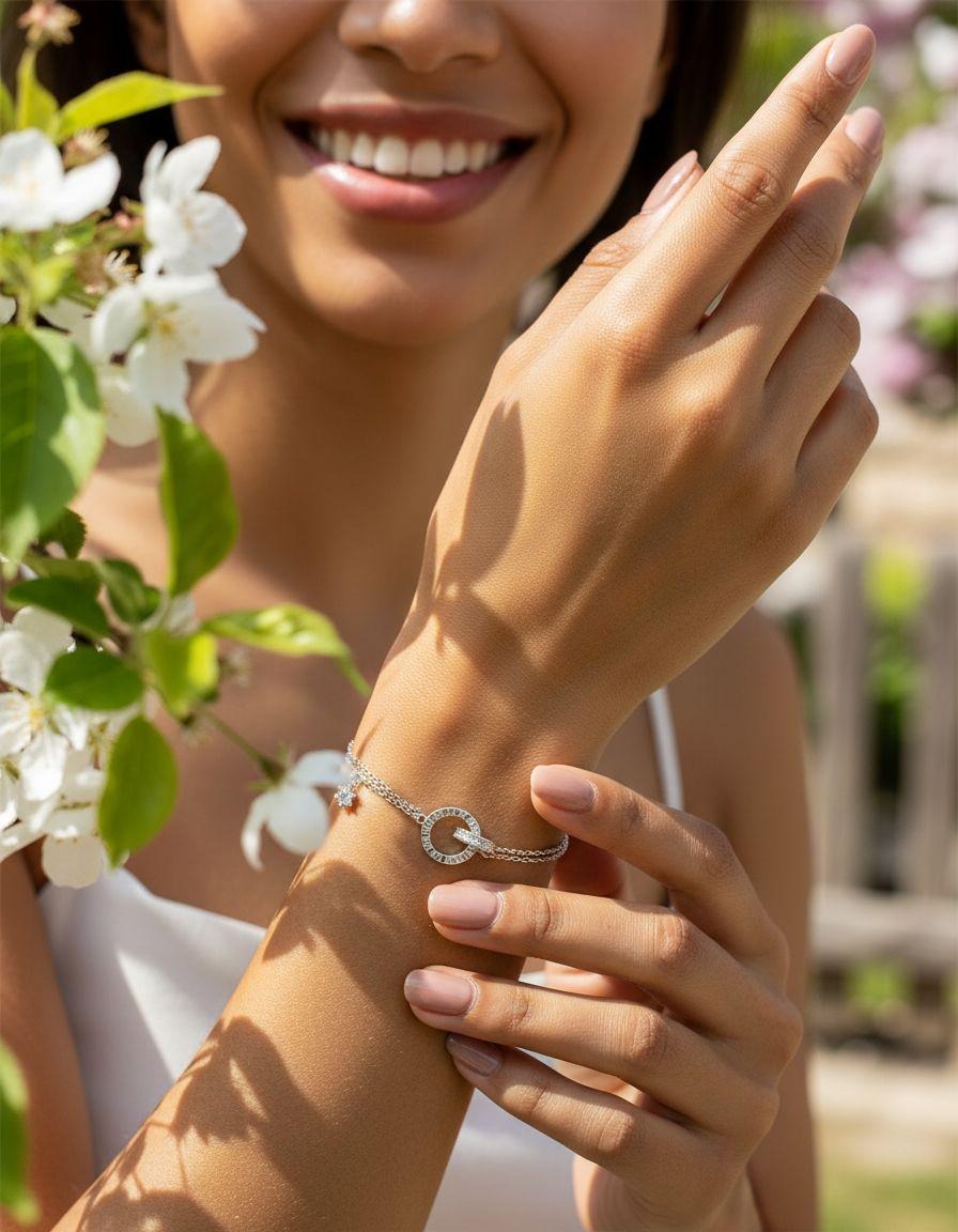 BRACELET EN ARGENT 2 CERCLES AVEC PIERRES ET CHIFFRES ROMAINS