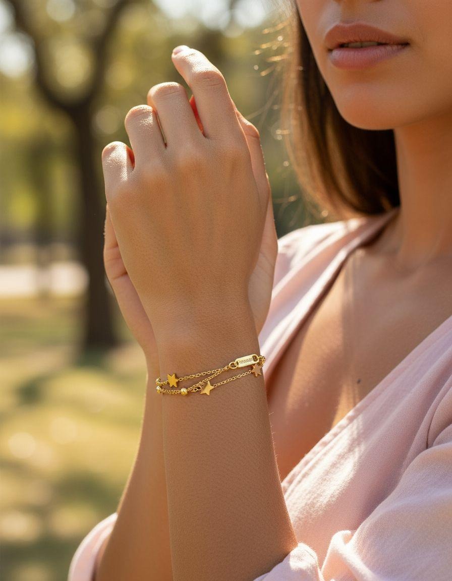 BRACELET EN ACIER DORE DOUBLE MAILLE BILLES ET ETOILES