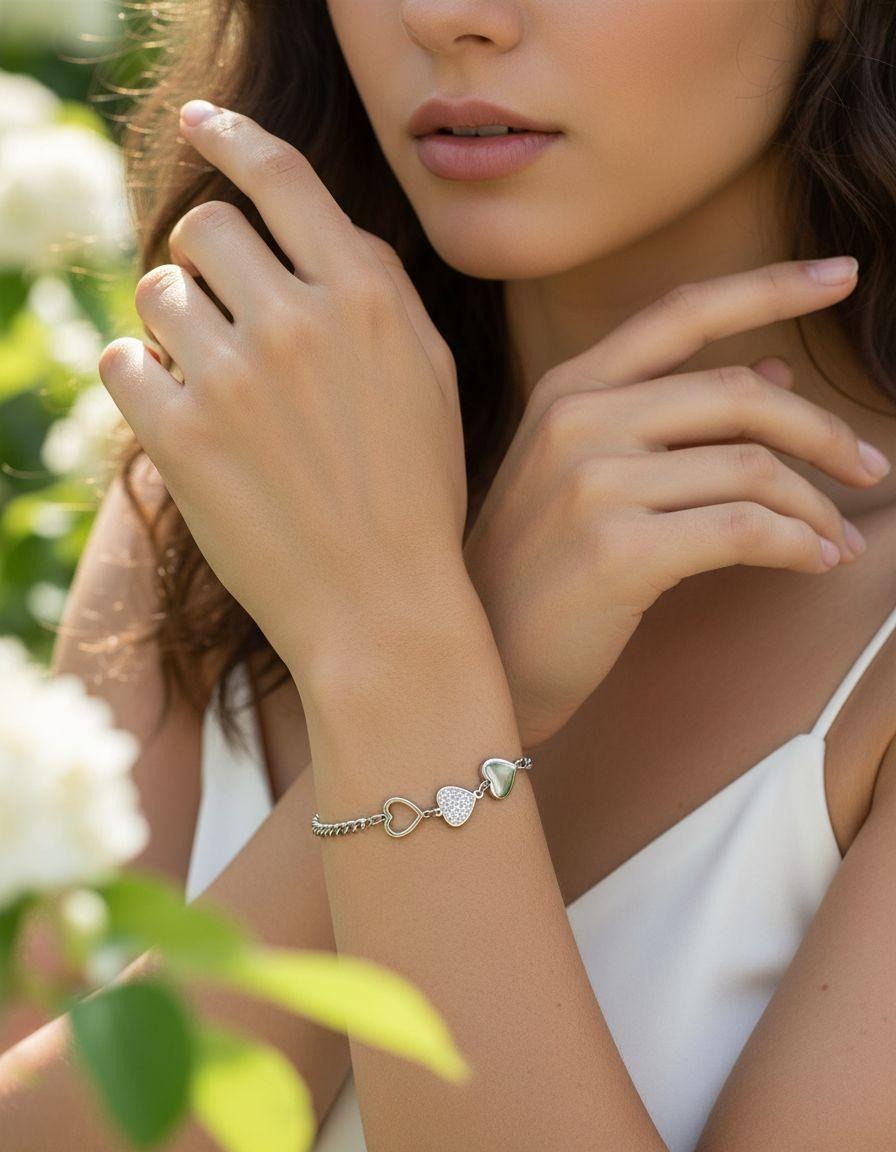 BRACELET EN ACIER MAILLE GOURMETTE 3 COEURS ET STRASS