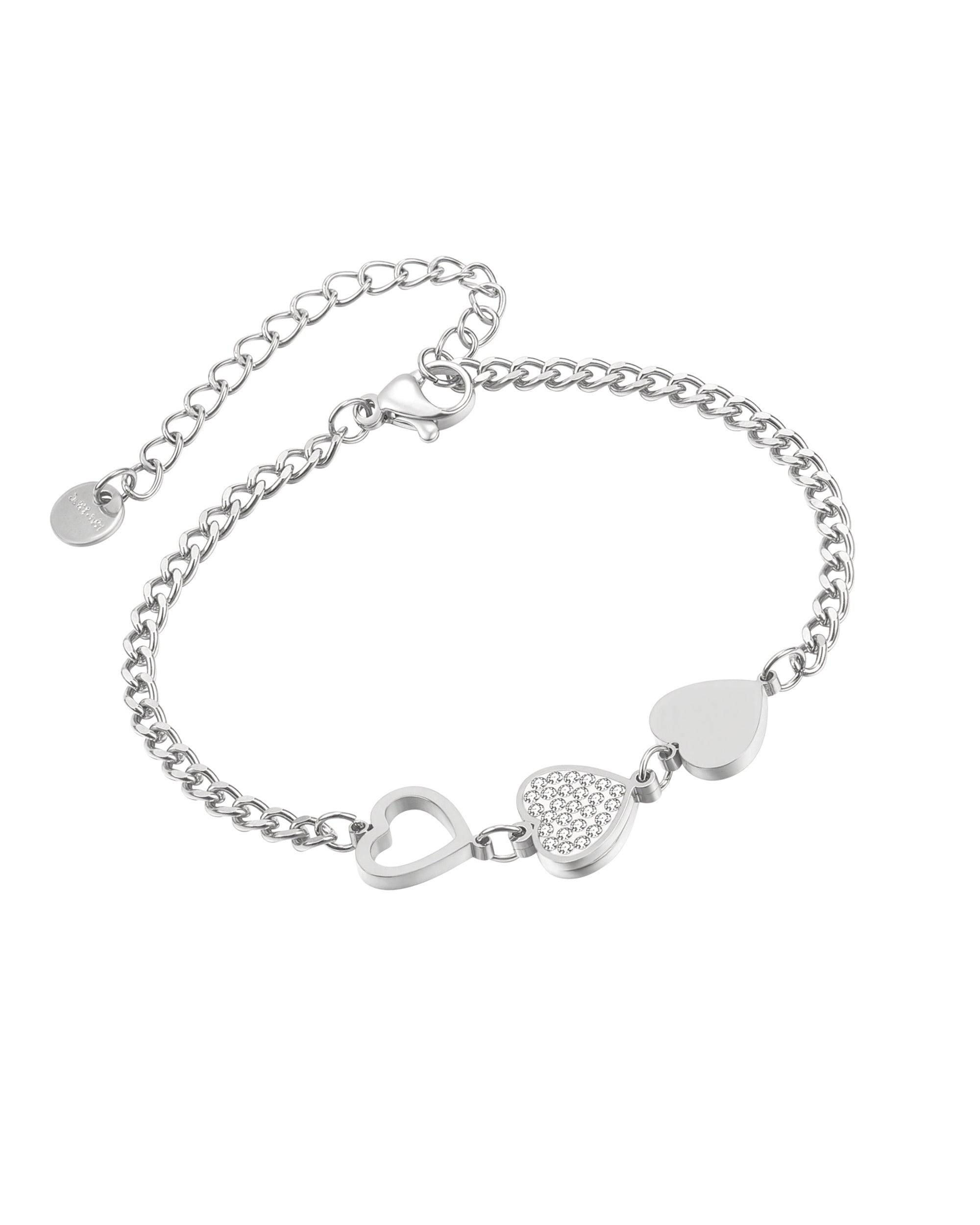 BRACELET EN ACIER MAILLE GOURMETTE 3 COEURS ET STRASS