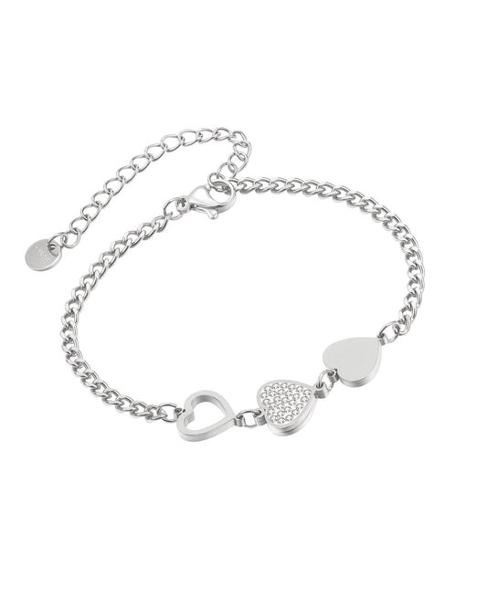 Bracelet en acier maille gourmette 3 coeurs et strass