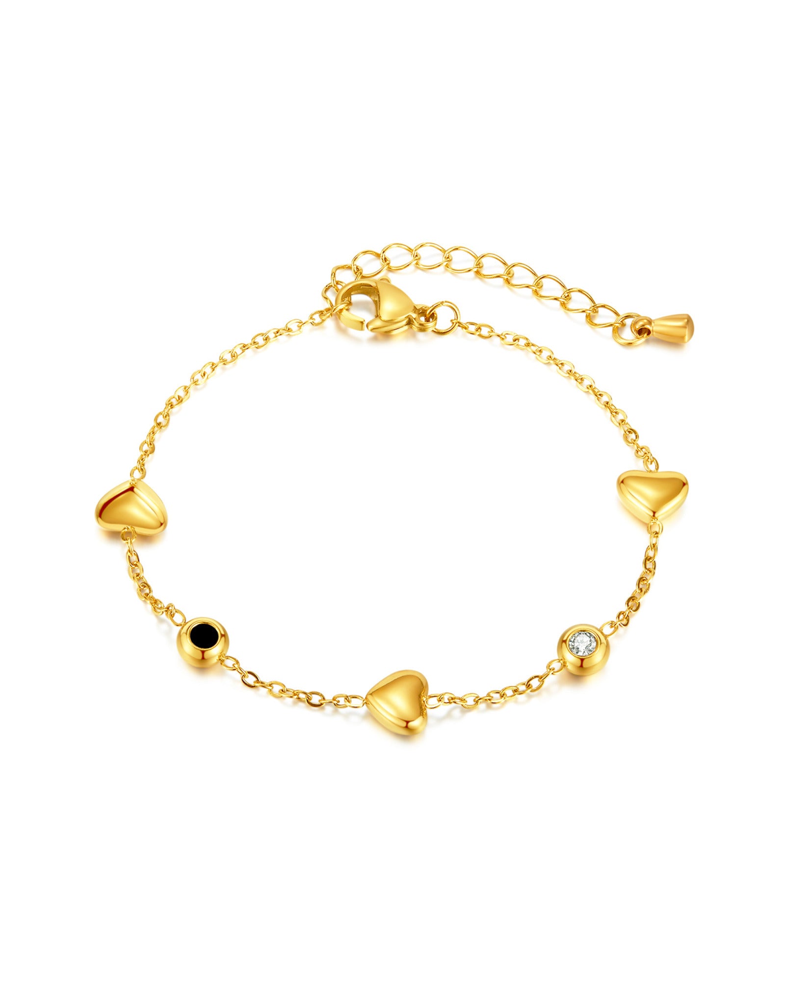 BRACELET EN ACIER DORE 3 COEURS BOMBES AVEC STRASS NOIR ET BLANC