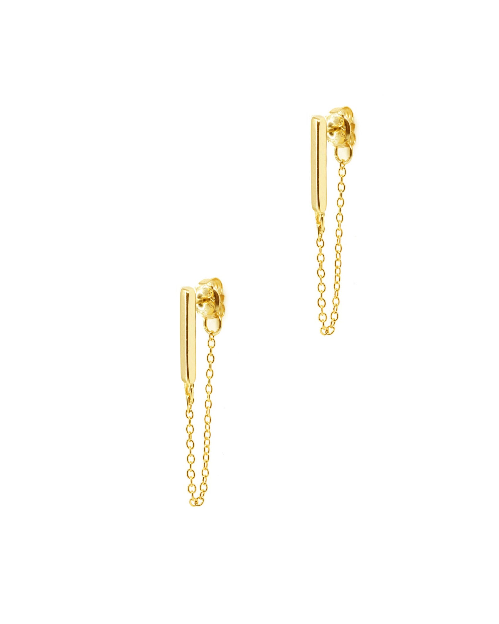 BOUCLES D'OREILLES EN ACIER DORE BARRE ET CHAINE