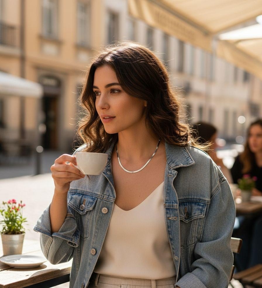 COLLIER EN ACIER MAILLE PLATE ET MOTIF FLEUR