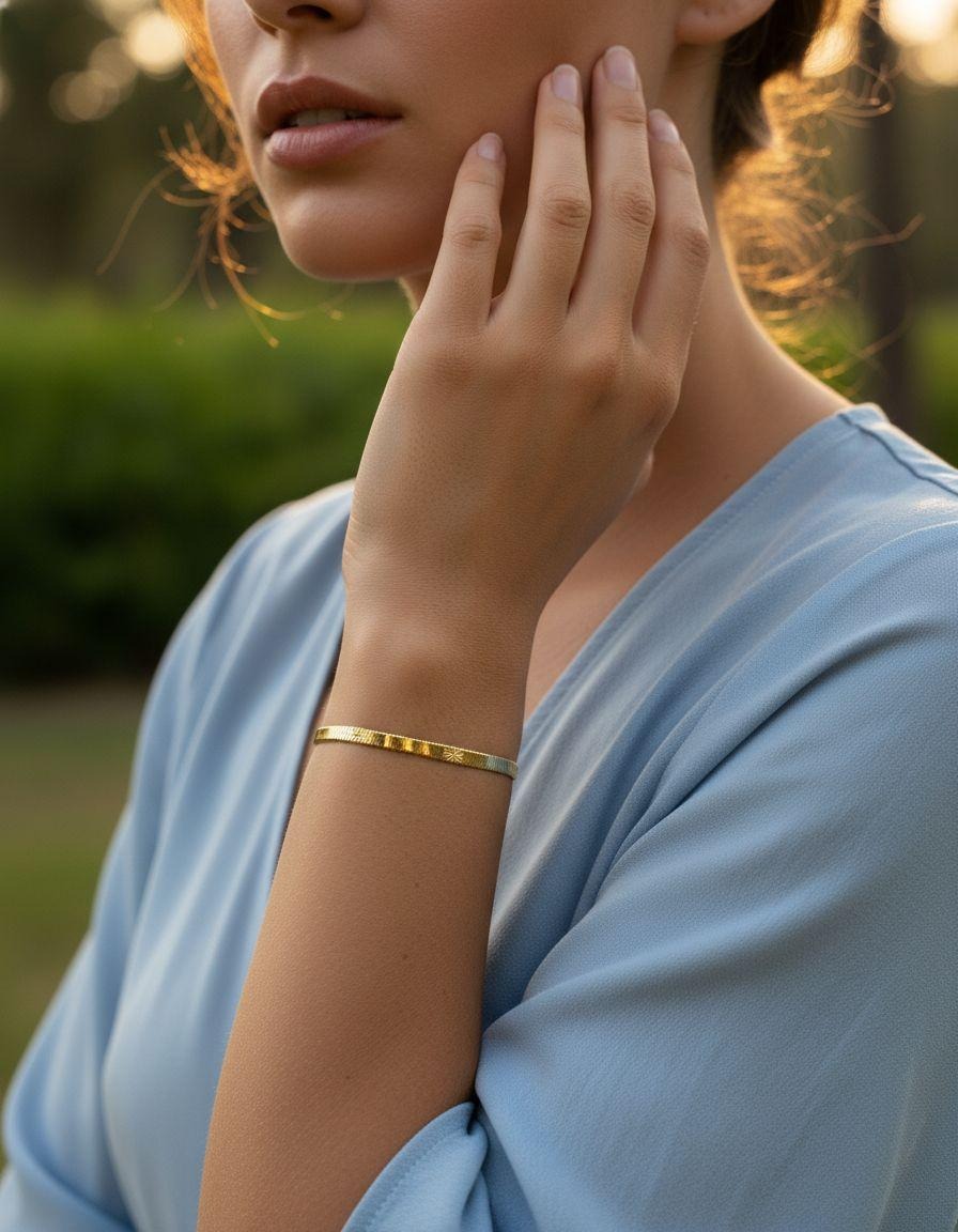 BRACELET EN ACIER DORE MAILLE PLATE ET MOTIF FLEUR