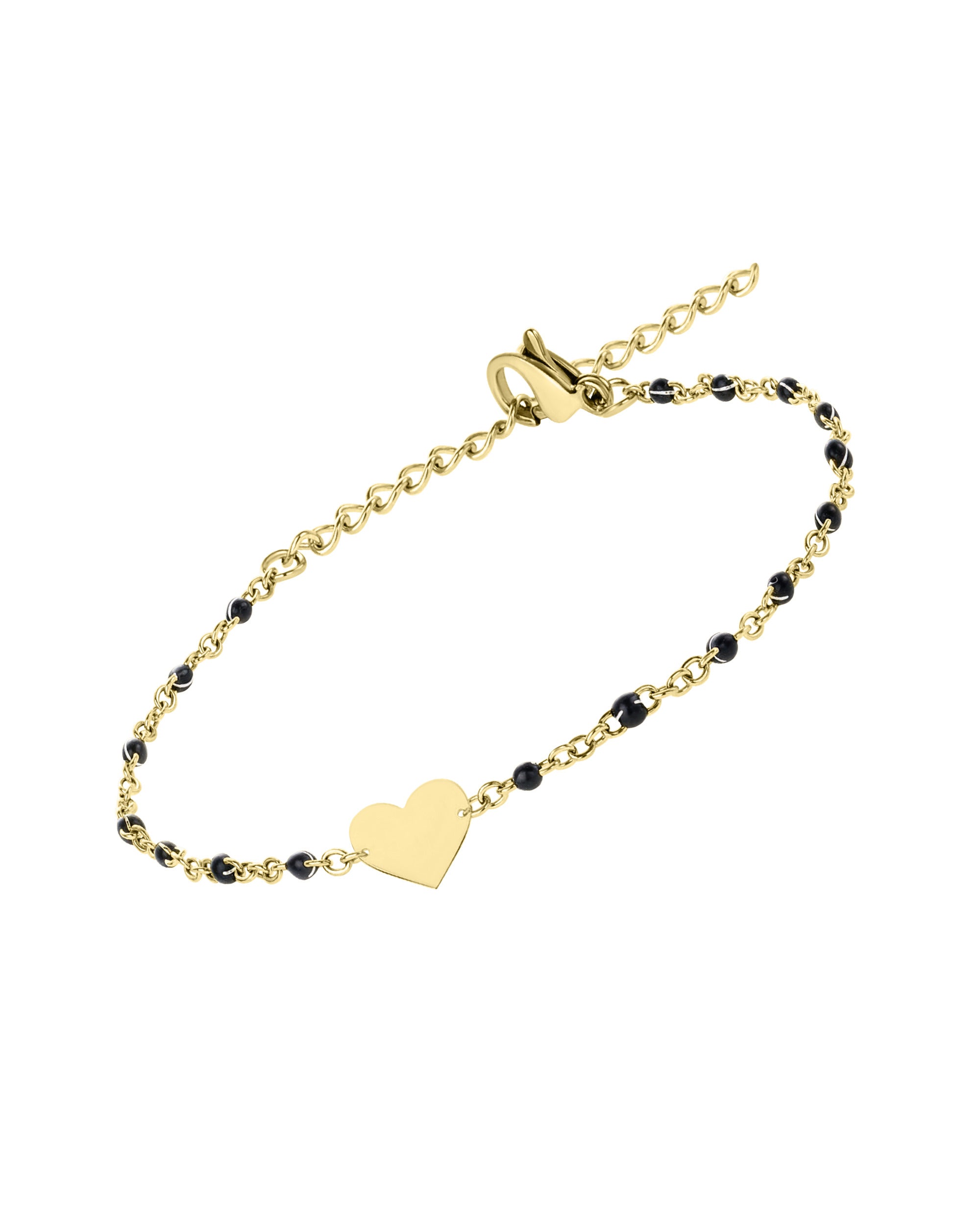 BRACELET EN ACIER DORE BILLES NOIRES ET COEUR