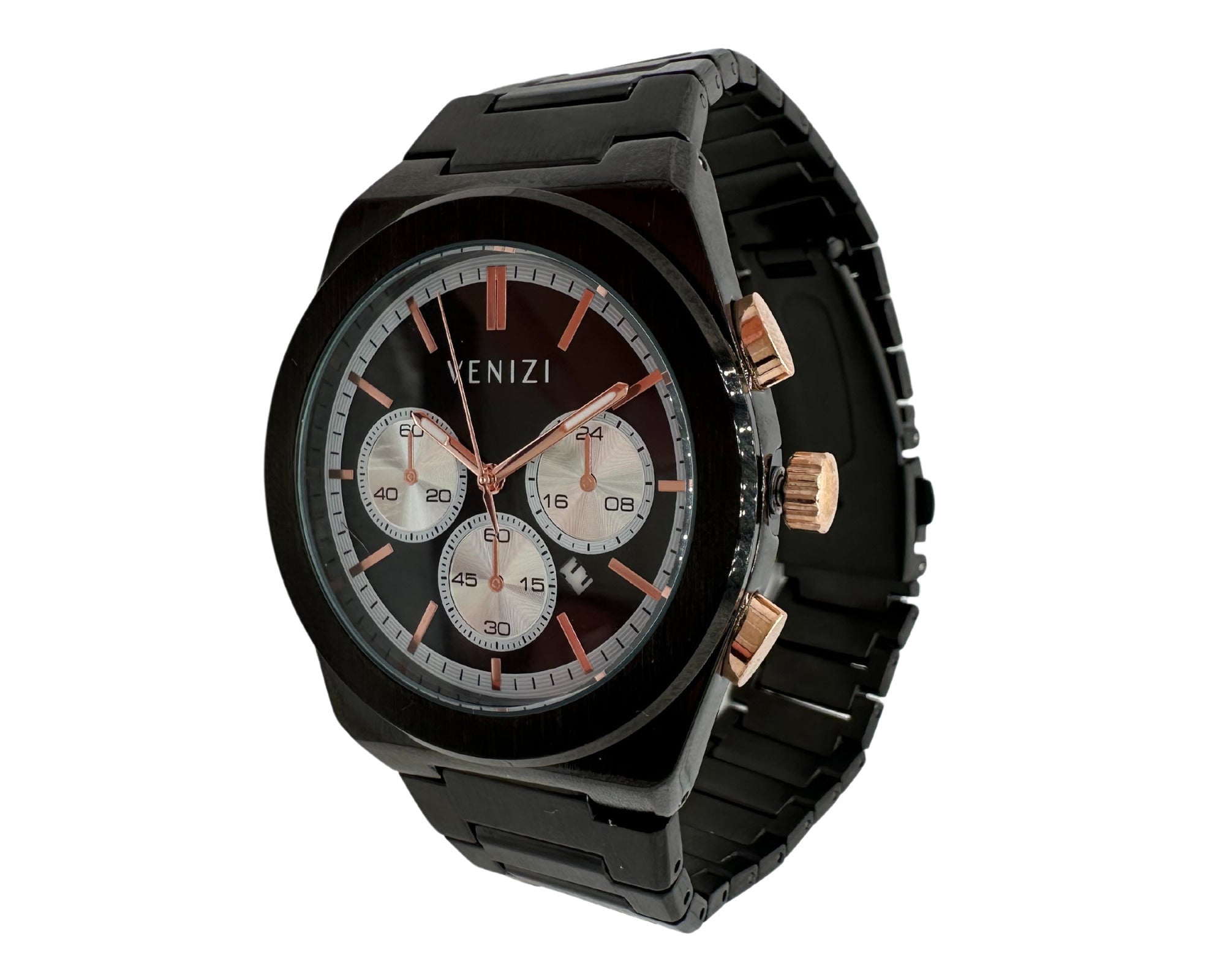 Montre Venizi noire et rosée avec dateur bracelet métallique finition brossée