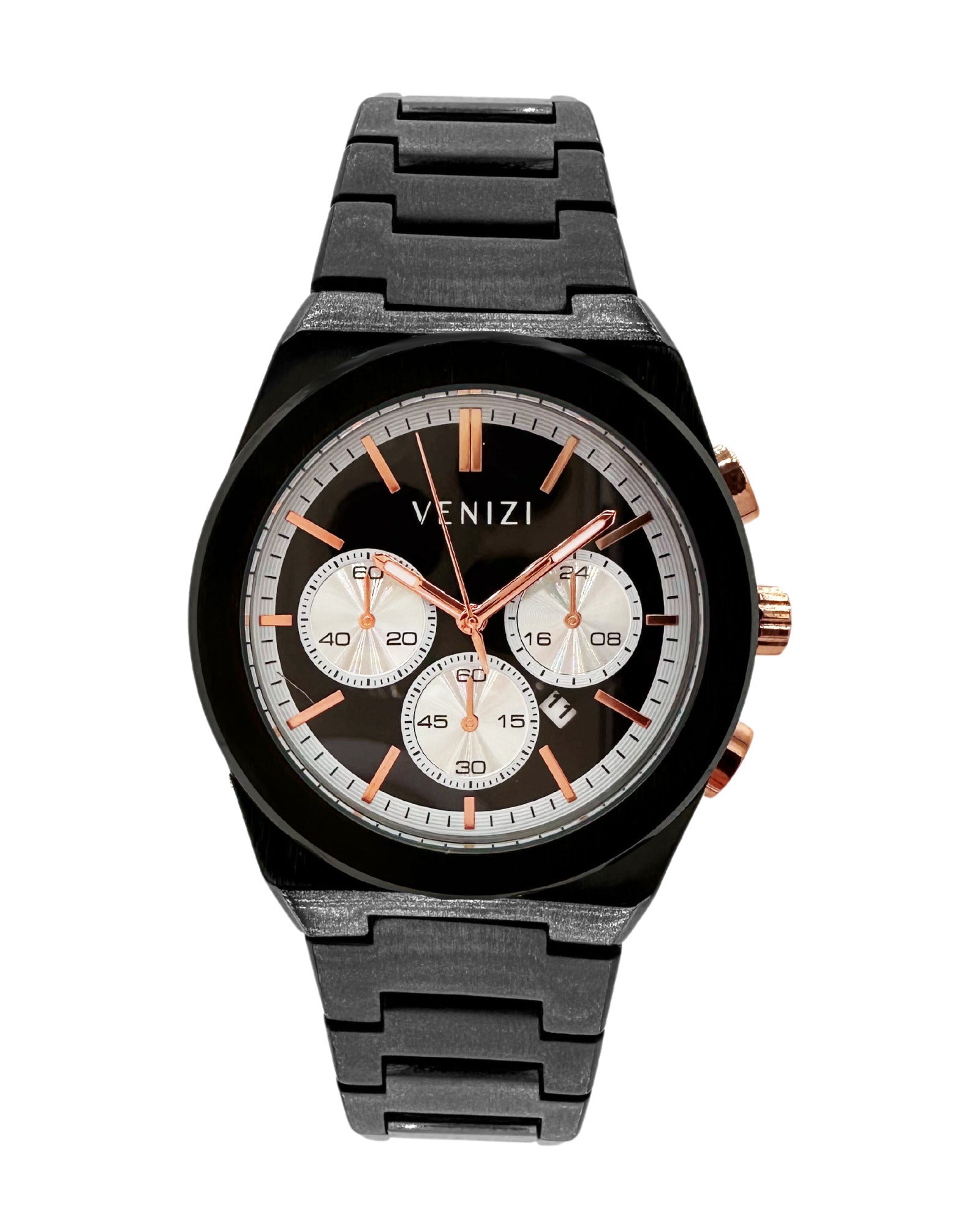 Montre Venizi noire et rosée avec dateur bracelet métallique finition brossée