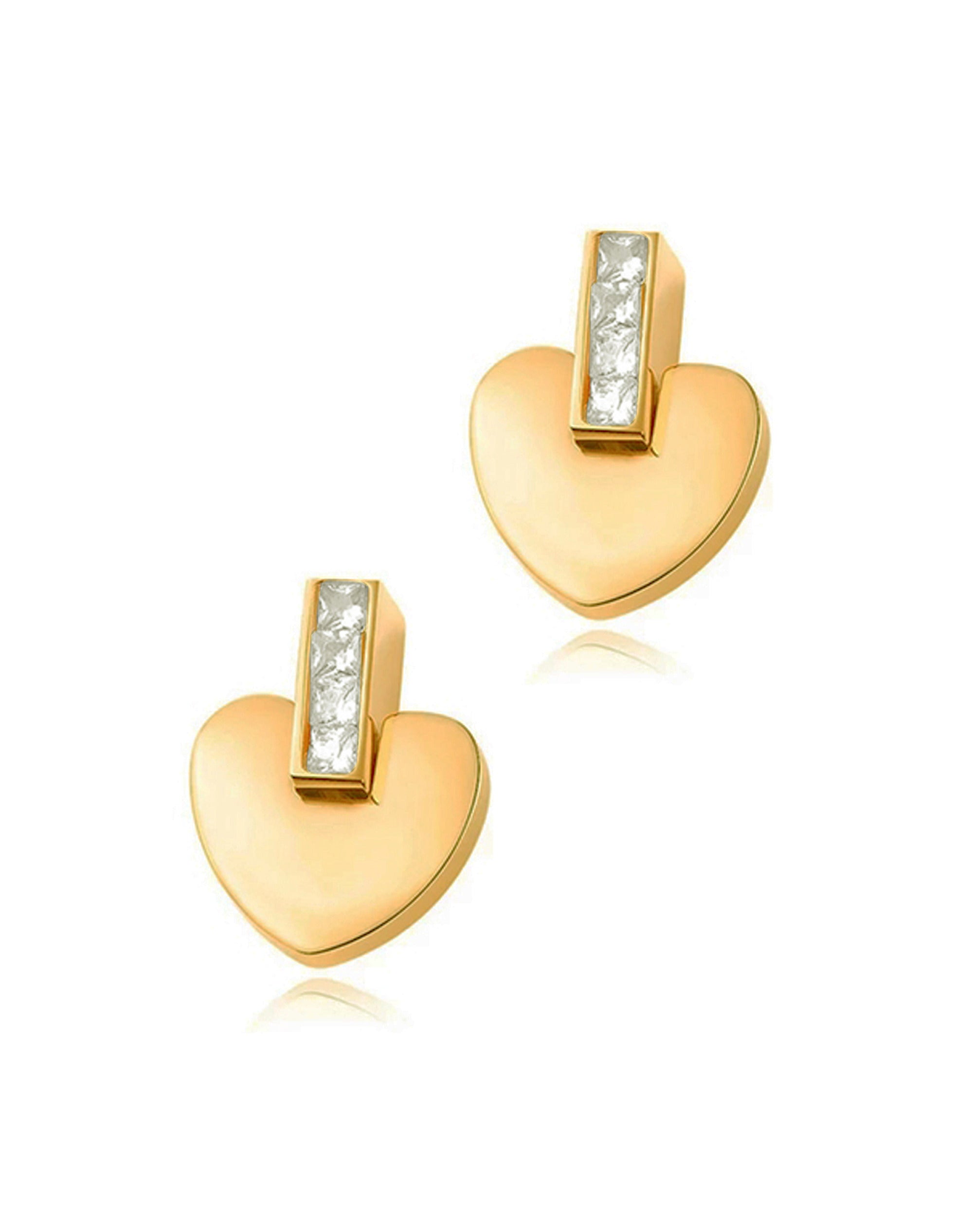 BOUCLES D'OREILLES EN ACIER DORE COEUR ET BARRE AVEC STRASS