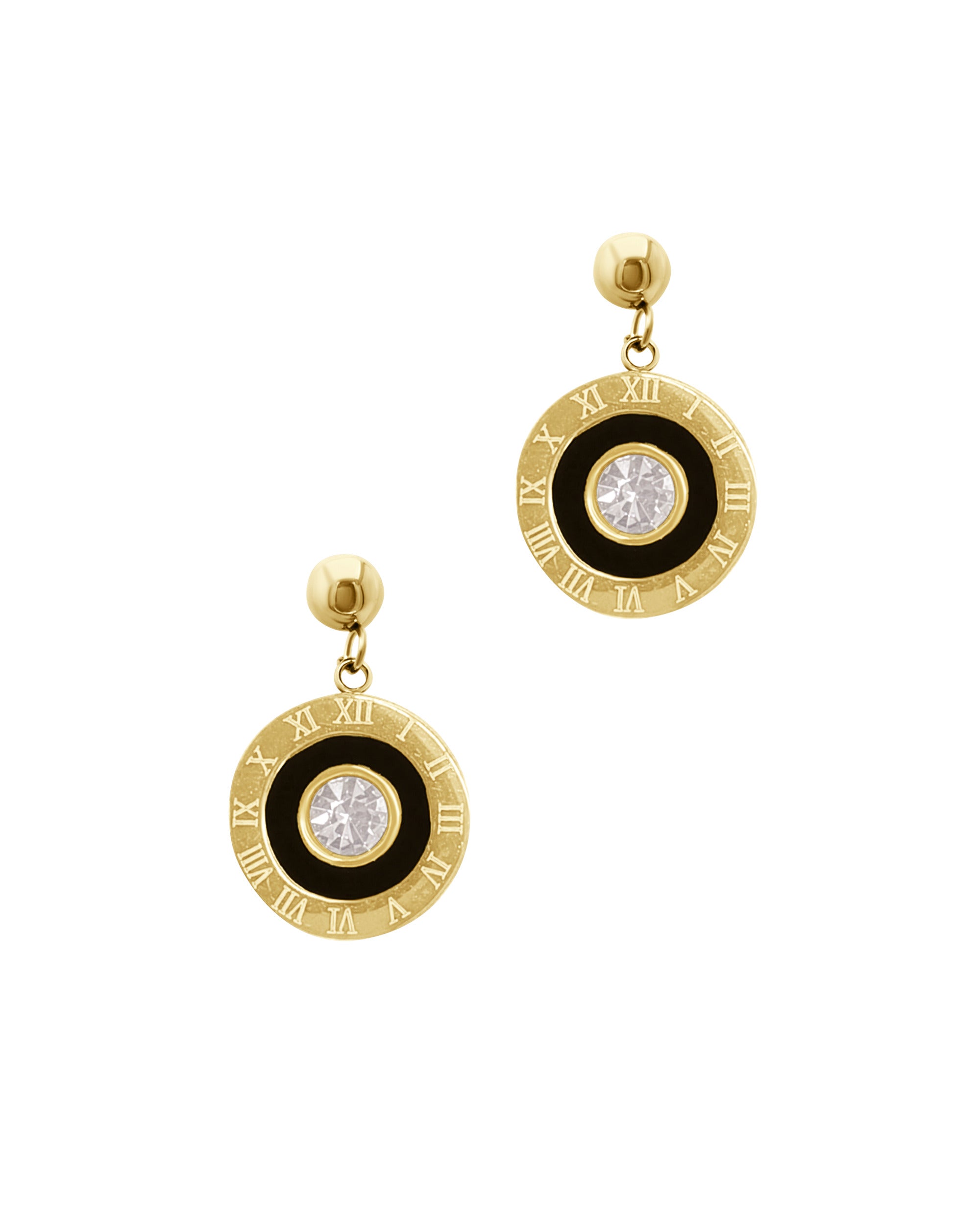 BOUCLES D'OREILLES EN ACIER DORE ROND CHIFFRES ROMAINS CERCLE NOIR ET STRASS