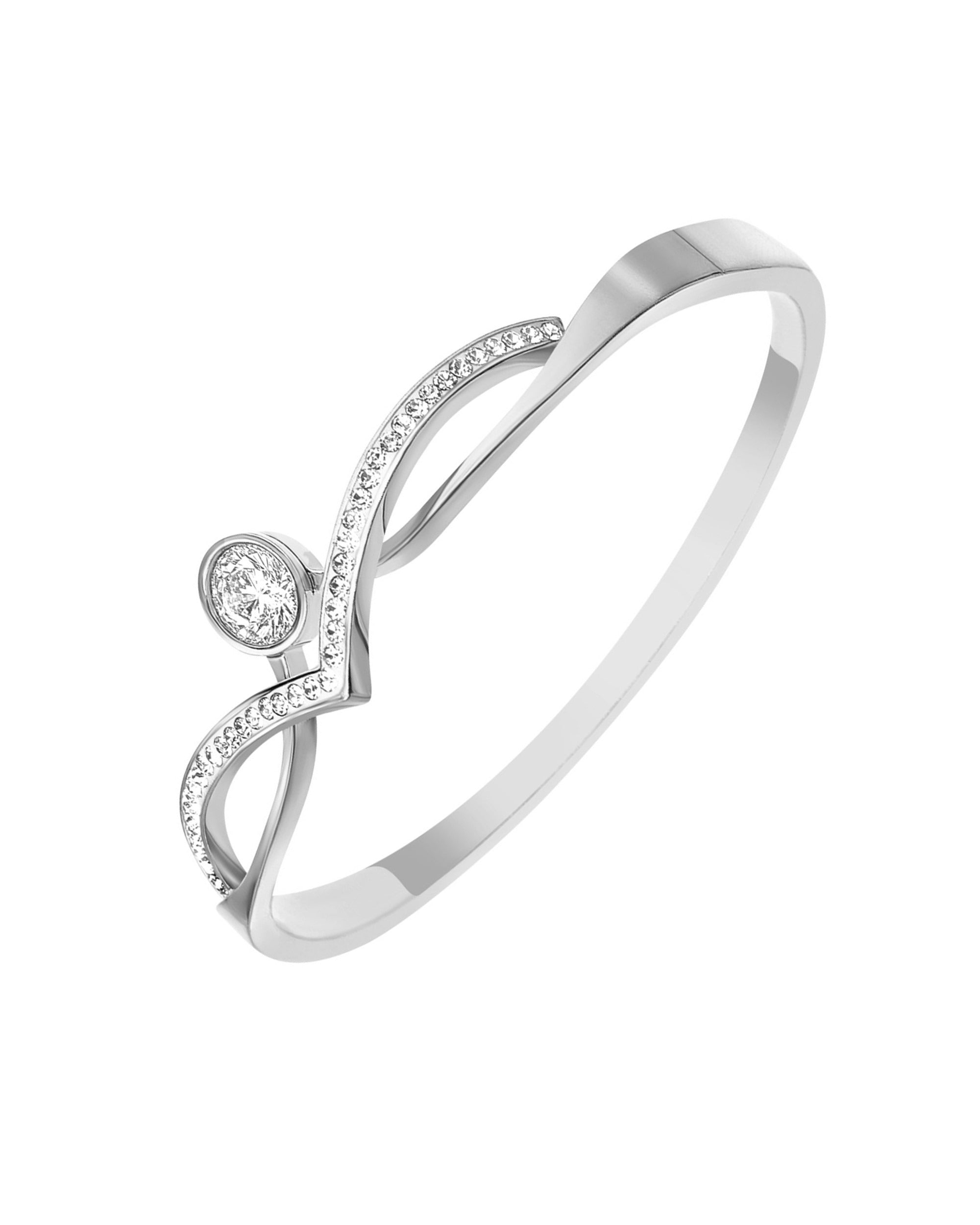 BRACELET RIGIDE EN ACIER MOTIF V AVEC STRASS ET SOLITAIRE