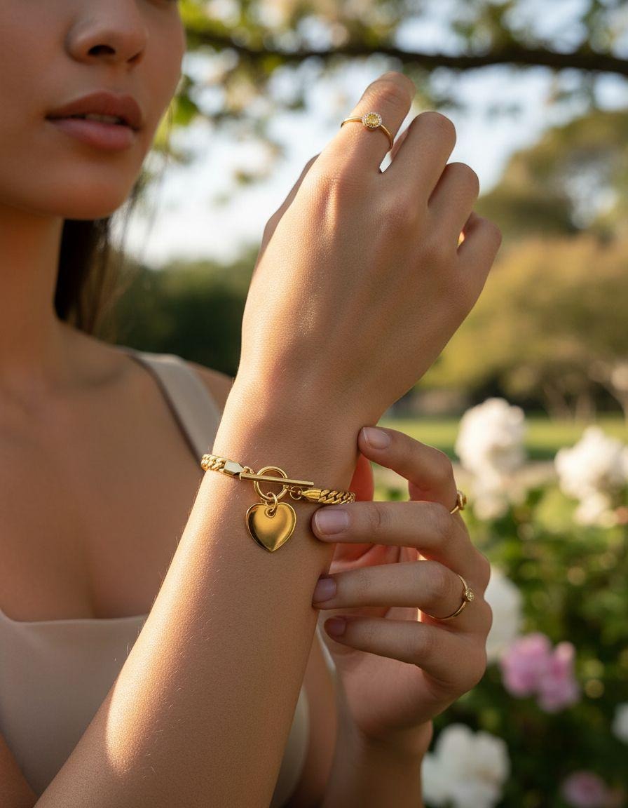 BRACELET EN ACIER DORE COEUR ET FEMOIR BARRE