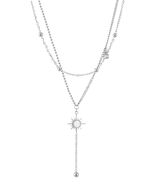 Collier en acier double maille soleil billes et strass