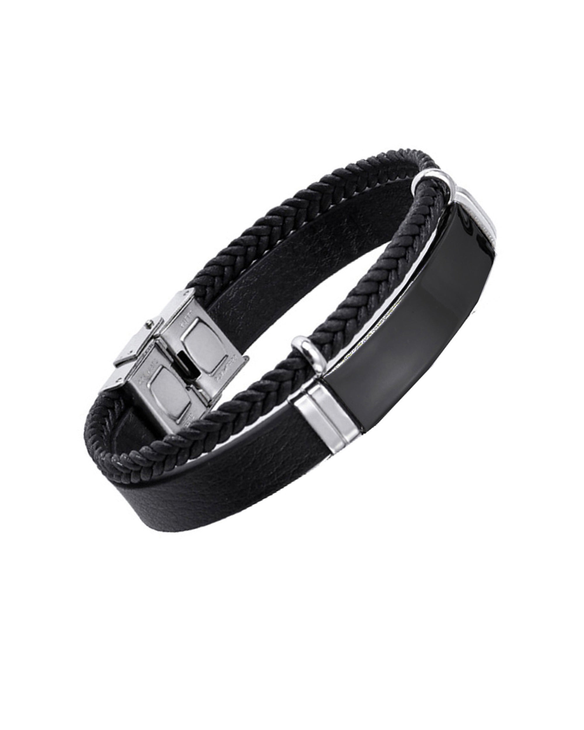 BRACELET EN CUIR NOIR 2 RANGS ET PLAQUETTE NOIRE