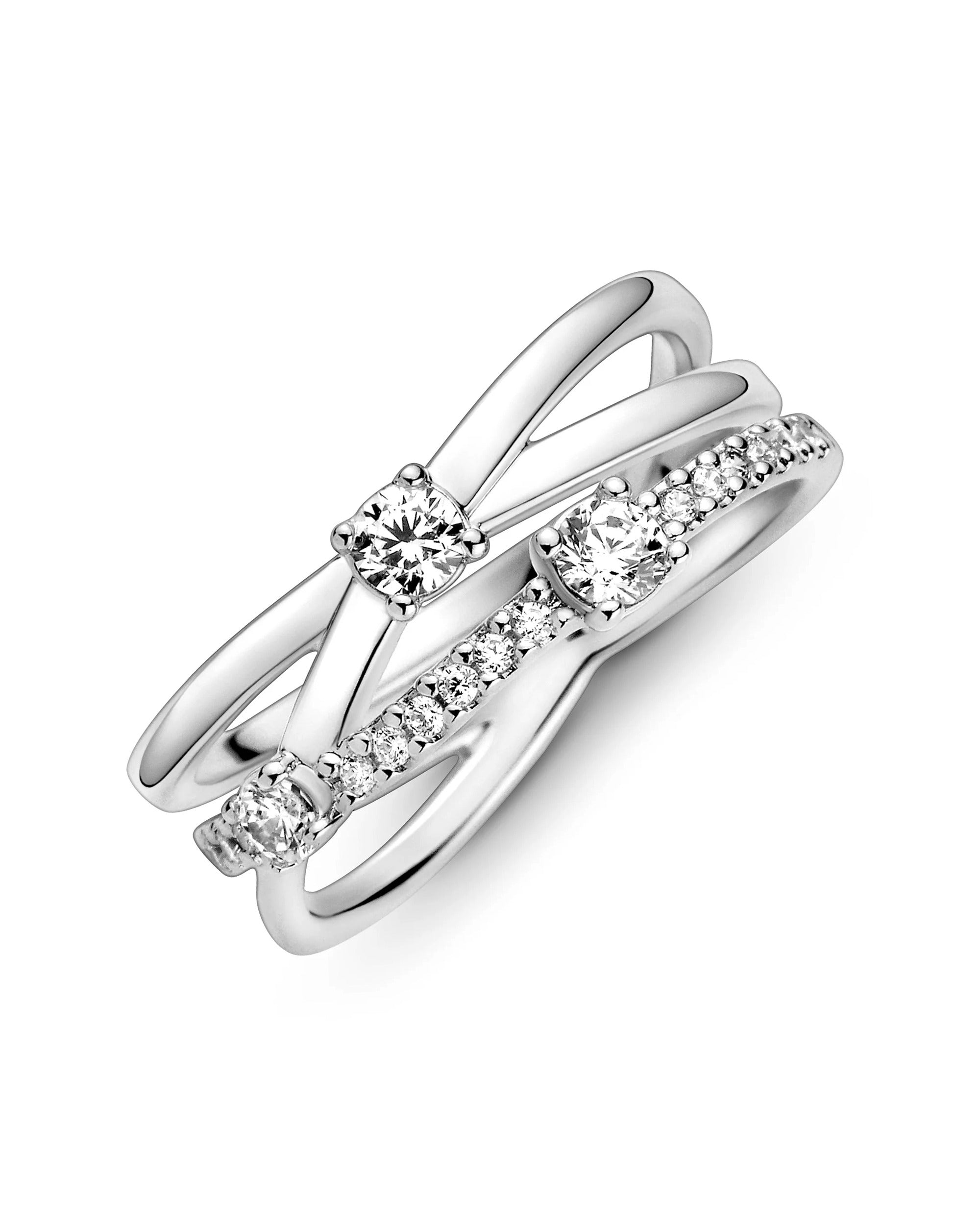 BAGUE EN ARGENT 3 LIGNES PIERRES ET 3 SOLITAIRES