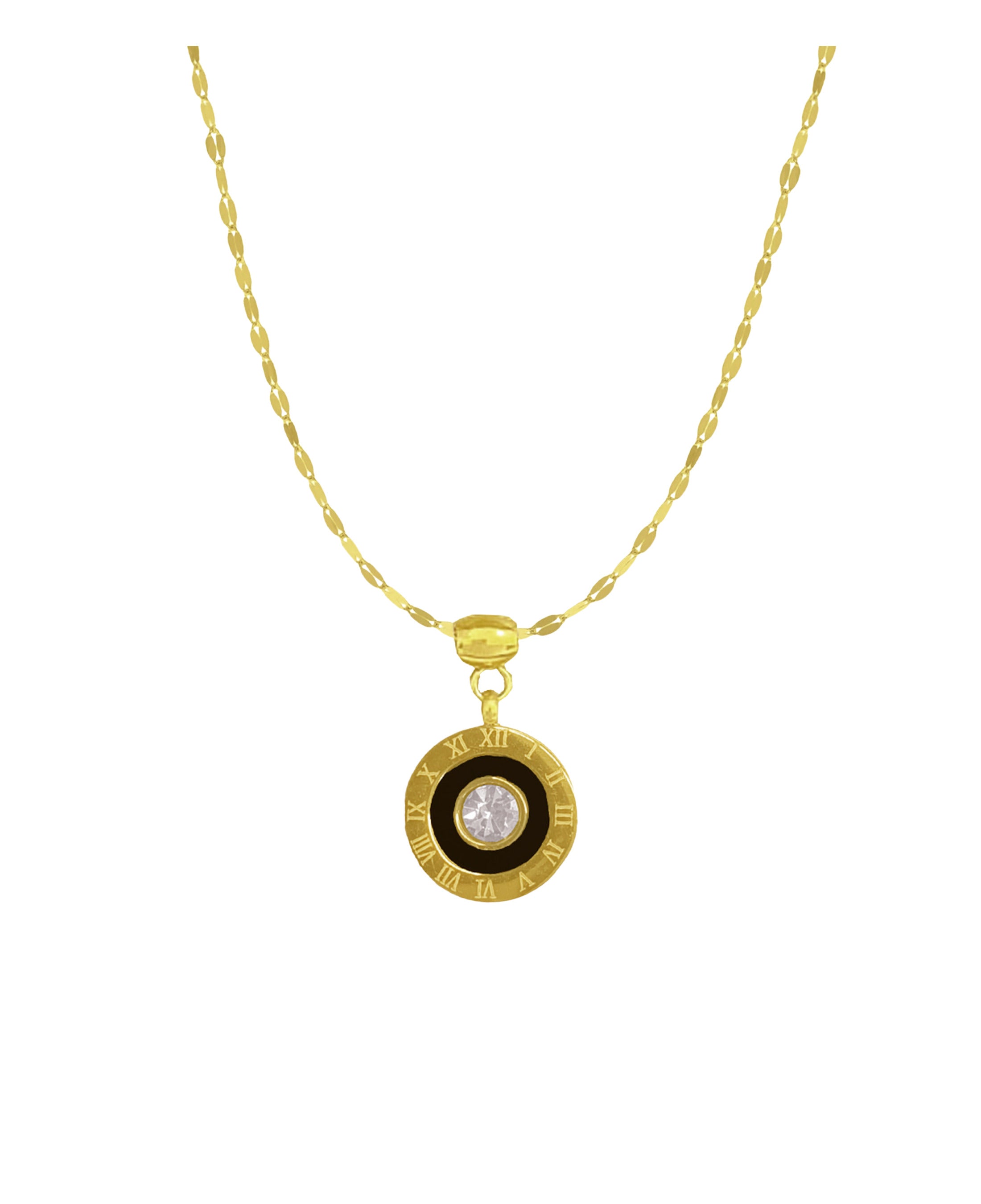 COLLIER EN ACIER DORE ROND AVEC EMAIL NOIR STRASS ET CHIFFRES ROMAINS