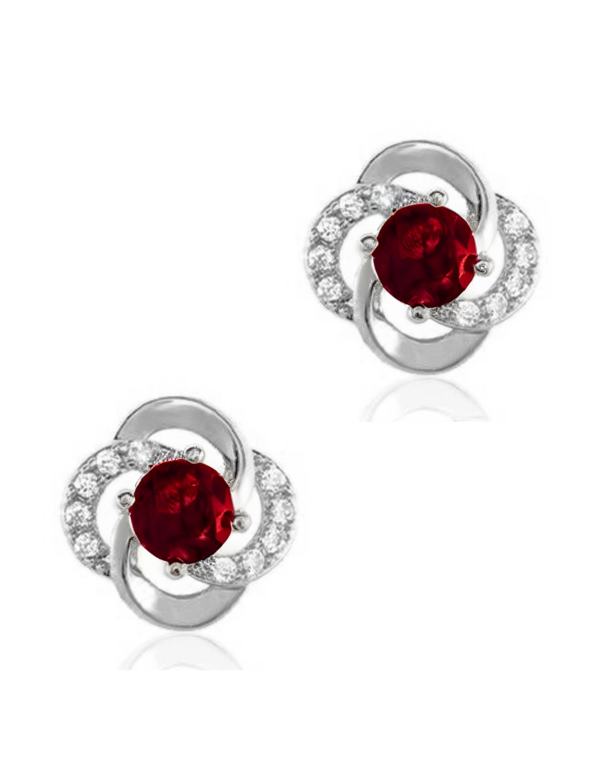 BOUCLES D'OREILLES EN ARGENT FLEUR AVEC PIERRES BLANCHES ET SOLITAIRE ROUGE