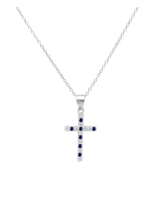 Collier en argent croix avec pierres blanches et bleues